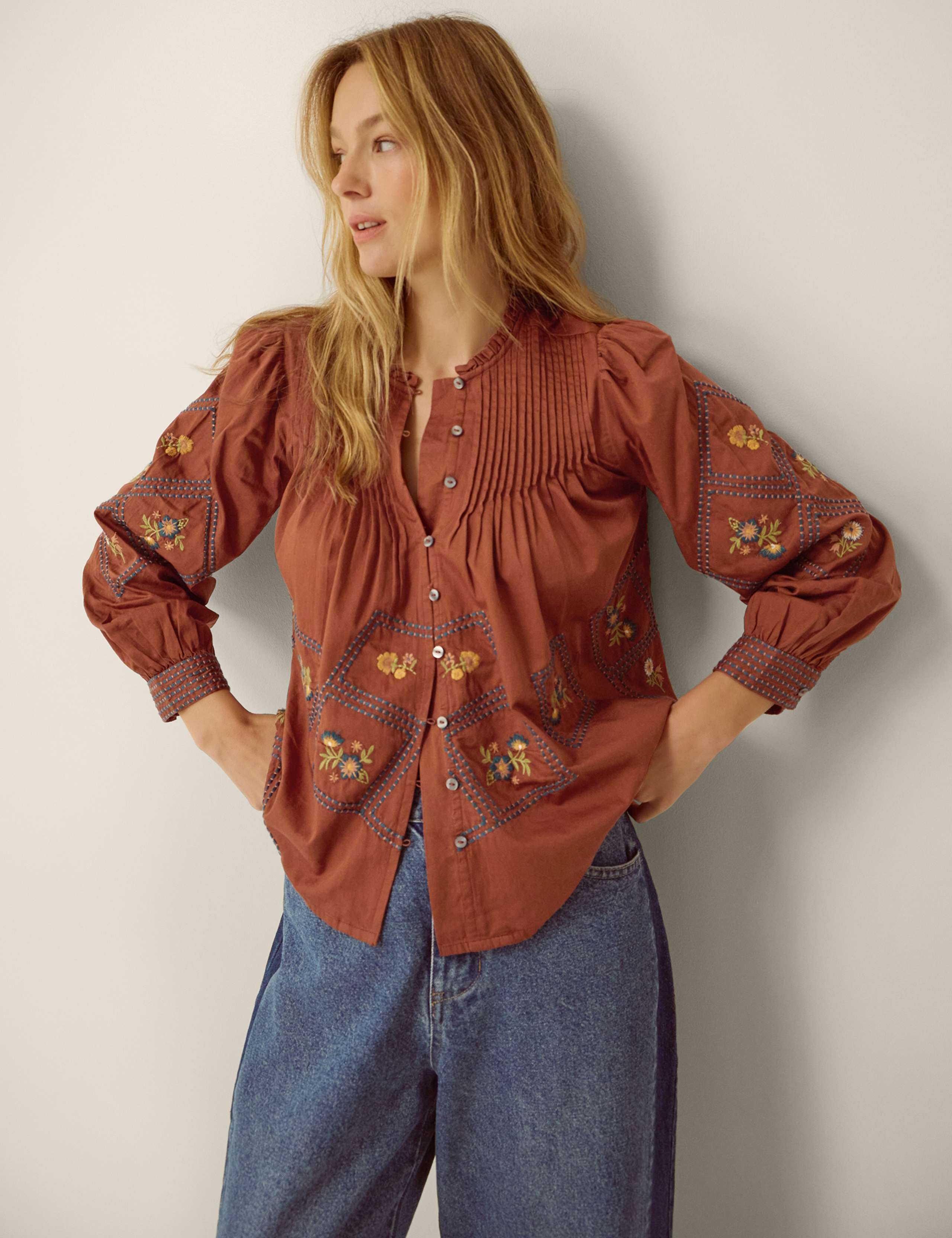 Pure Cotton Embroidered Pintuck Blouse 1 of 5
