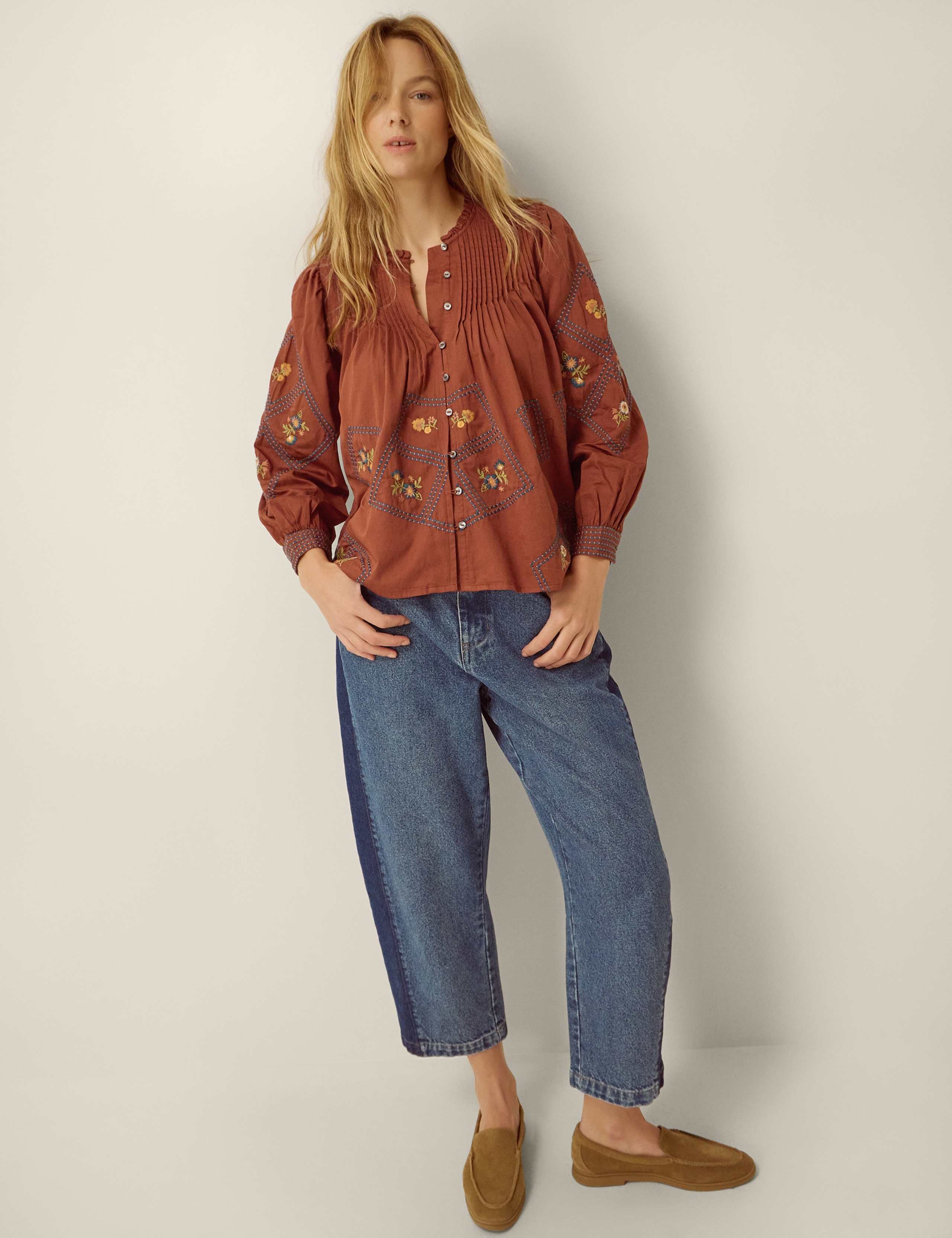 Pure Cotton Embroidered Pintuck Blouse 3 of 5
