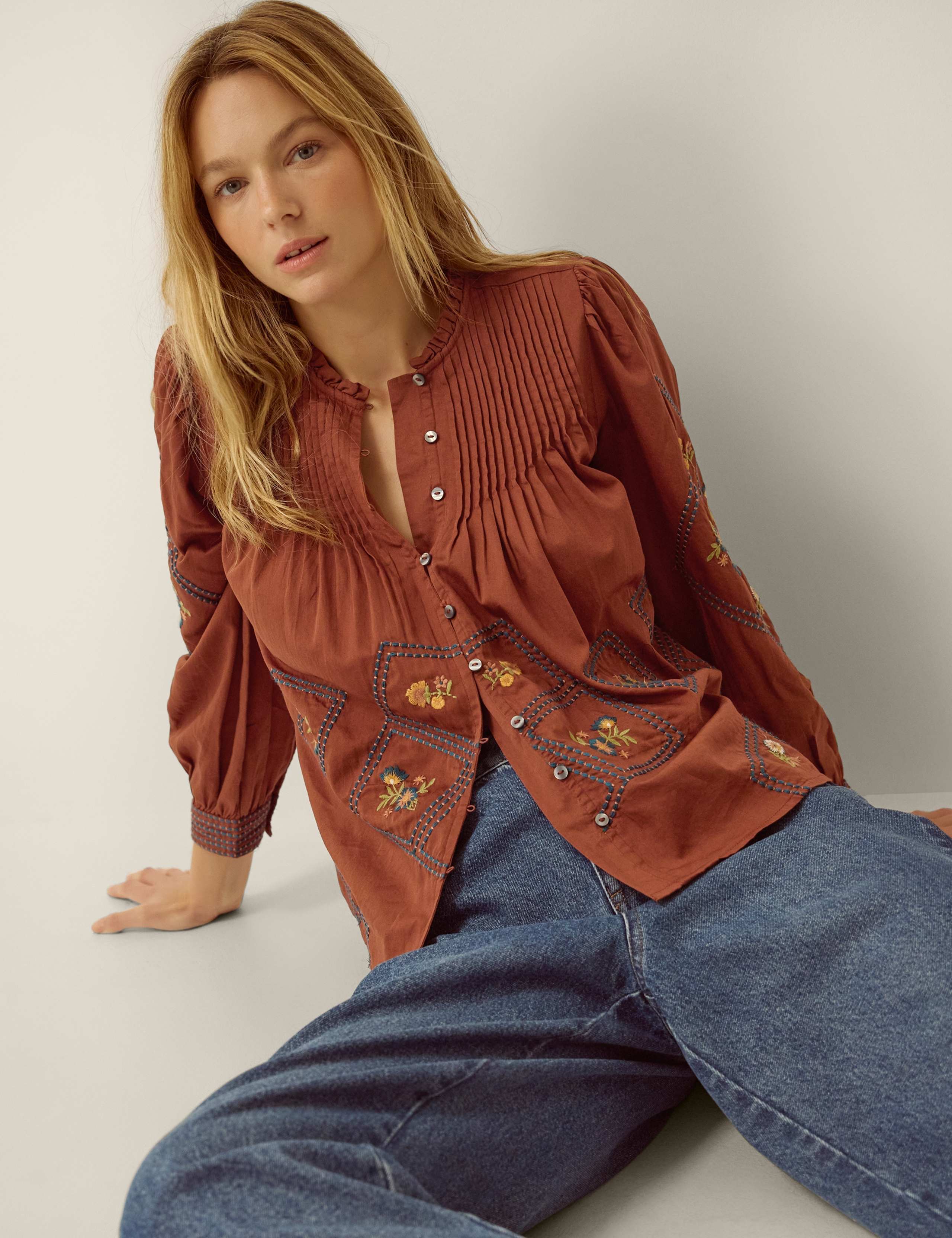Pure Cotton Embroidered Pintuck Blouse 4 of 5
