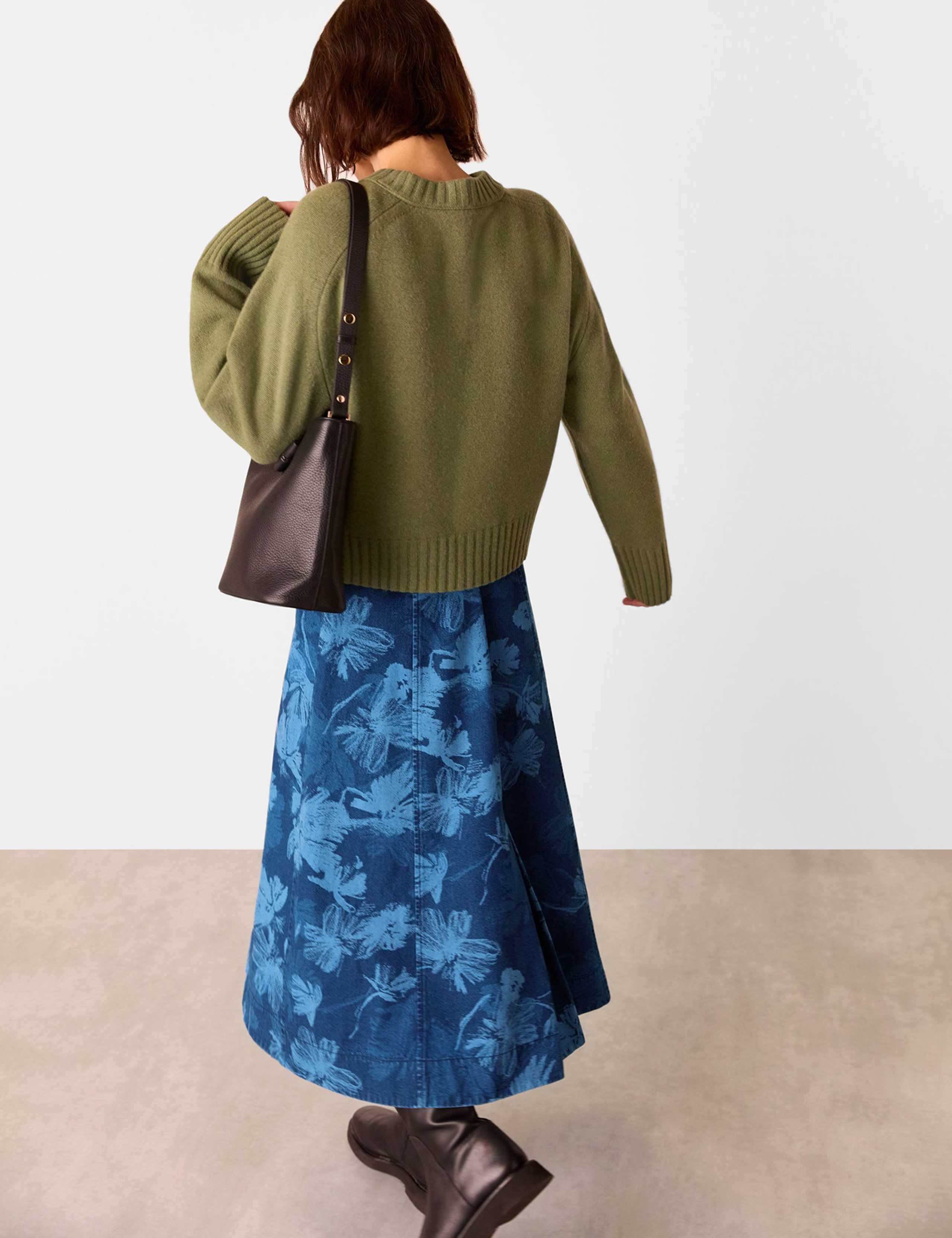 Denim Floral Midi A-Line Skirt 3 of 4