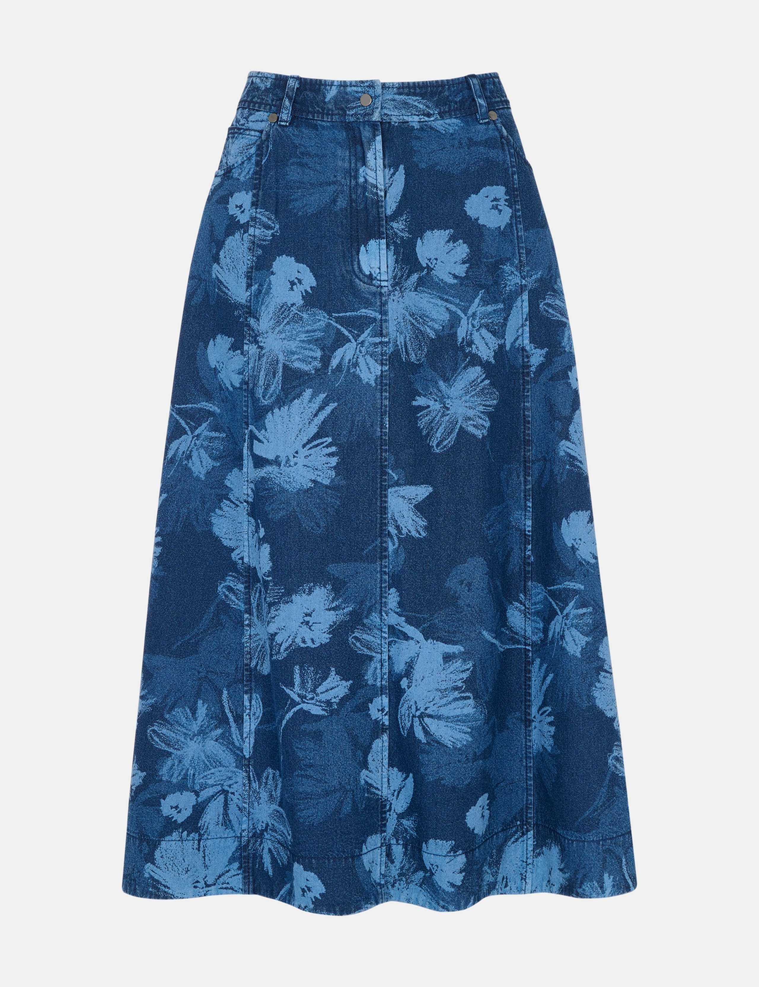 Denim Floral Midi A-Line Skirt 2 of 4