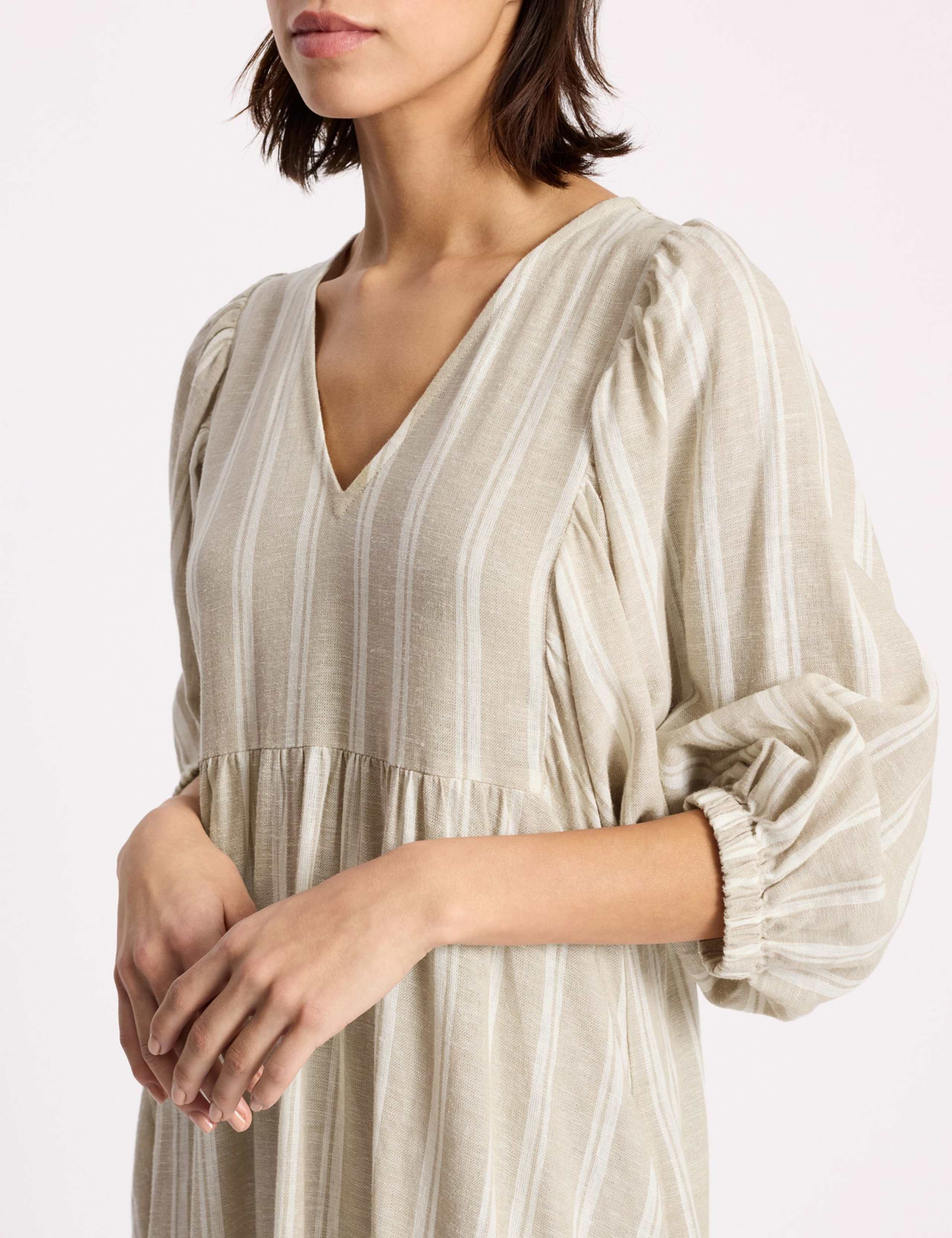 Linen Rich Striped V-Neck Midaxi Smock Dress 4 of 4