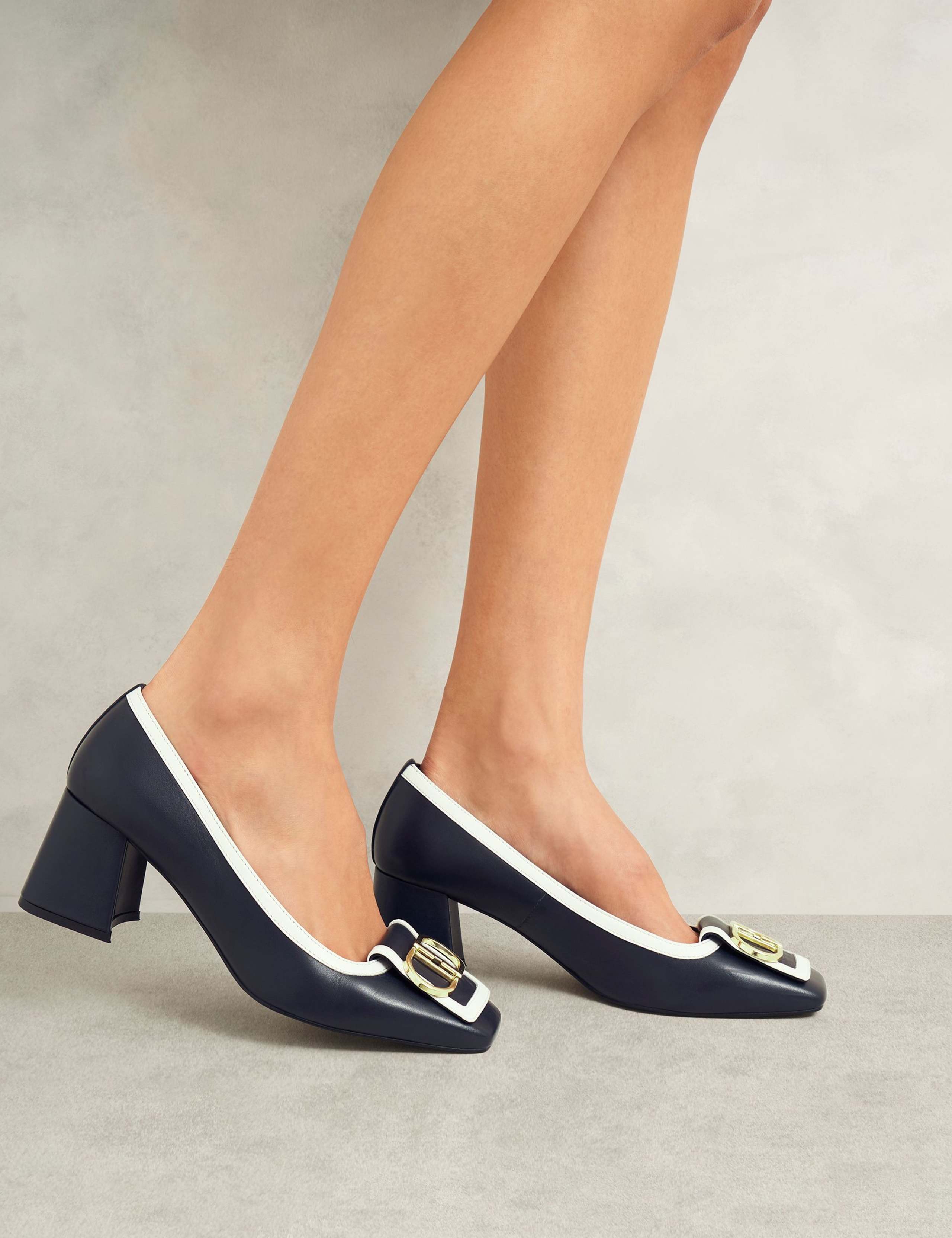 Leather Block Heel Square Toe Court Shoes 2 of 6