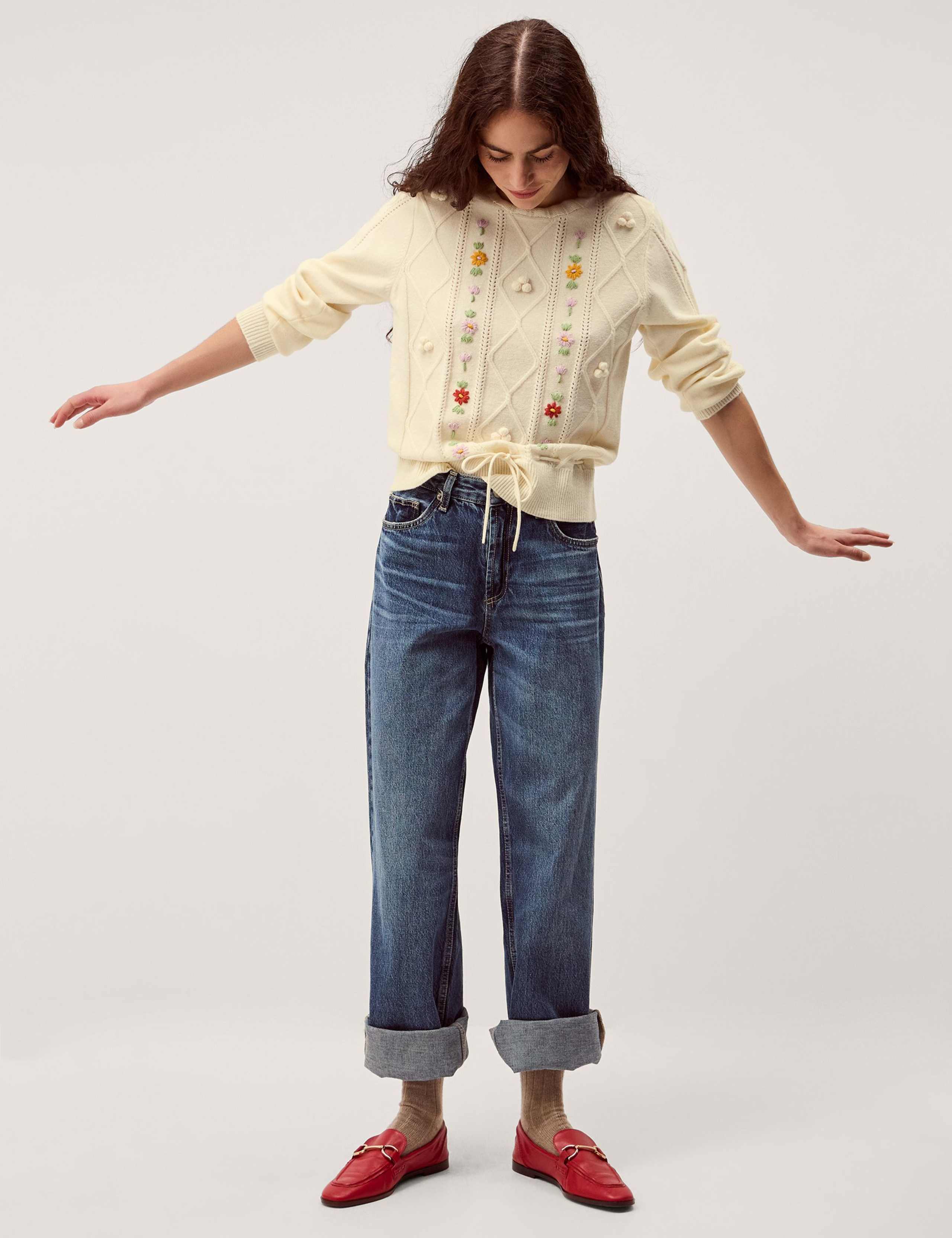 Embroidered Cable Knit Crew Neck Jumper 3 of 5