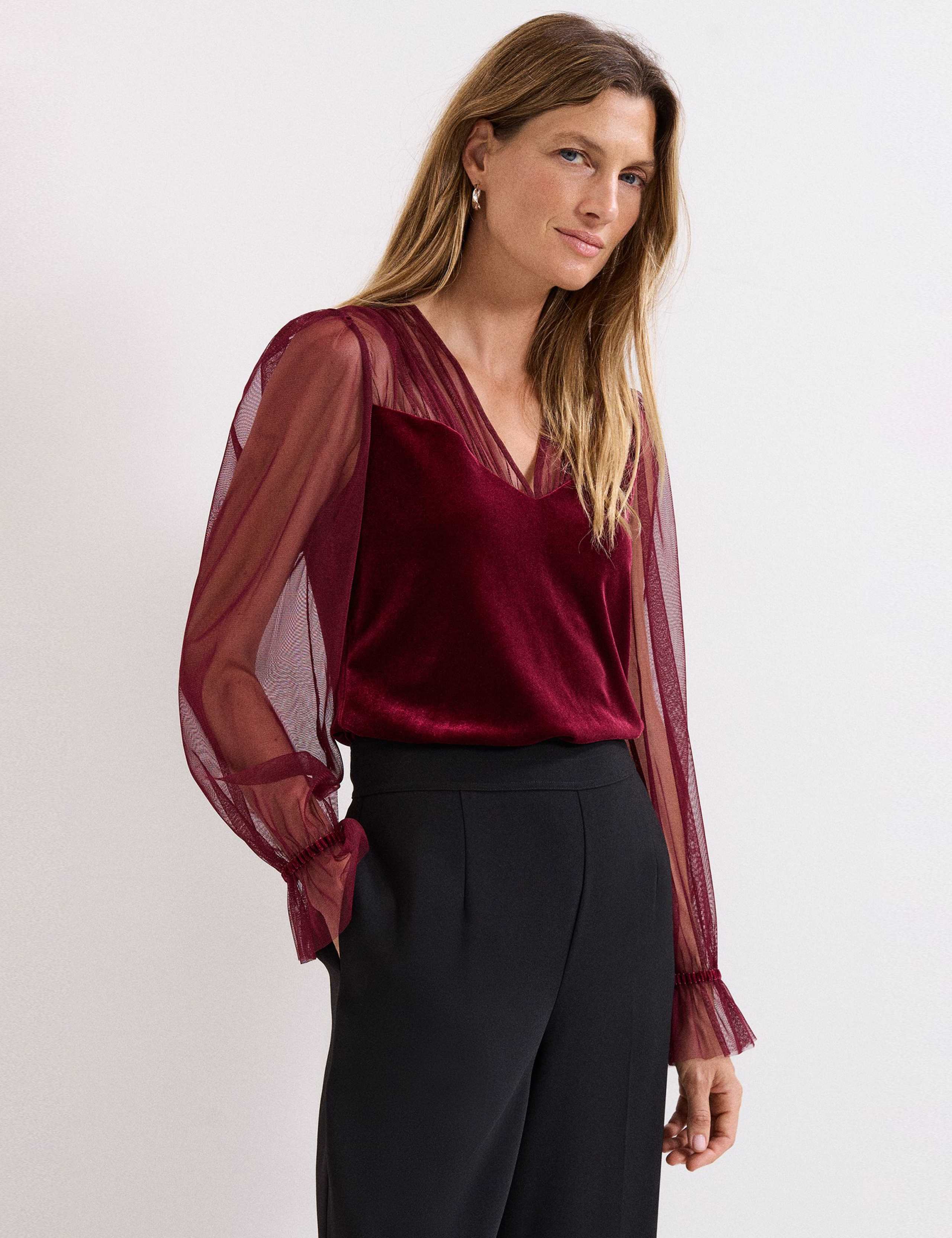 Velvet Sheer V-Neck Blouson Sleeve Blouse 1 of 7