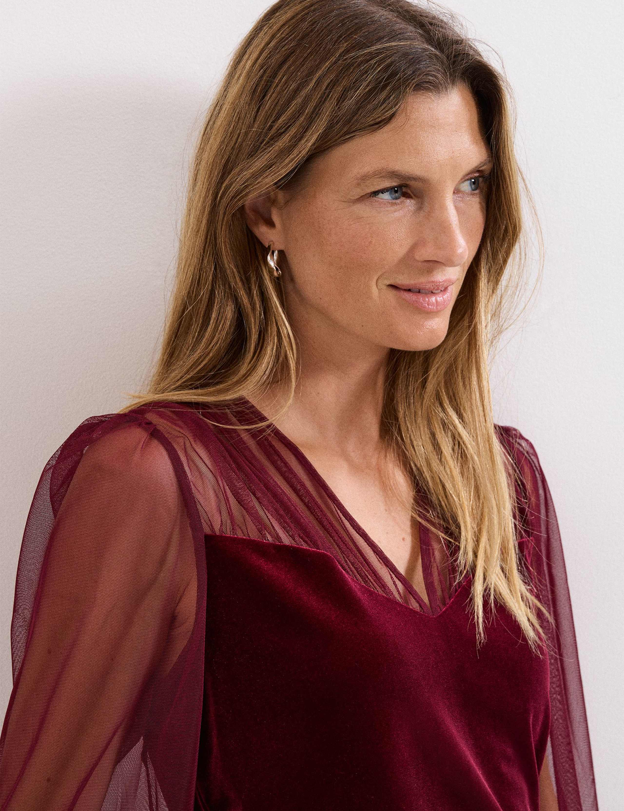 Velvet Sheer V-Neck Blouson Sleeve Blouse 3 of 7