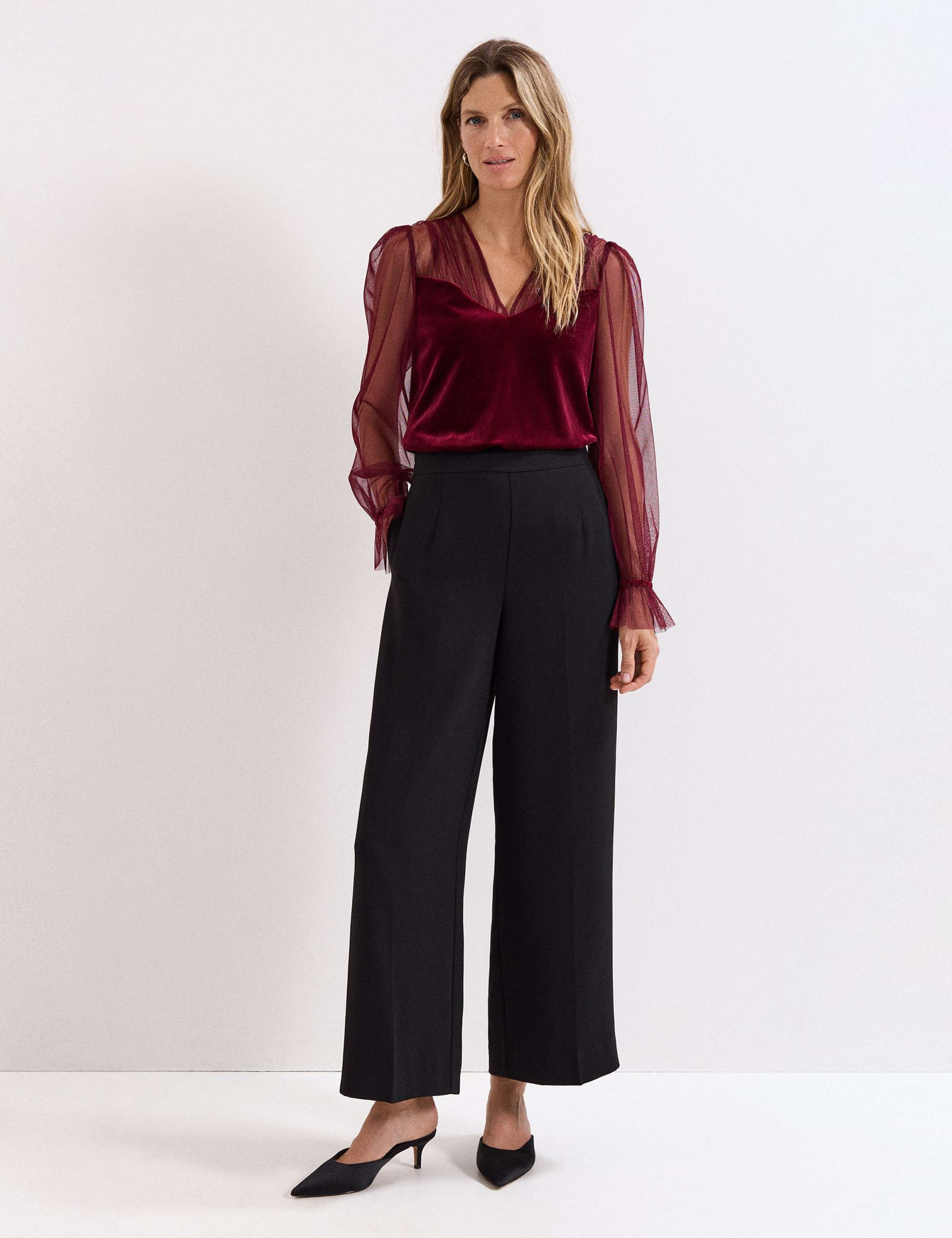 Velvet Sheer V-Neck Blouson Sleeve Blouse 4 of 7