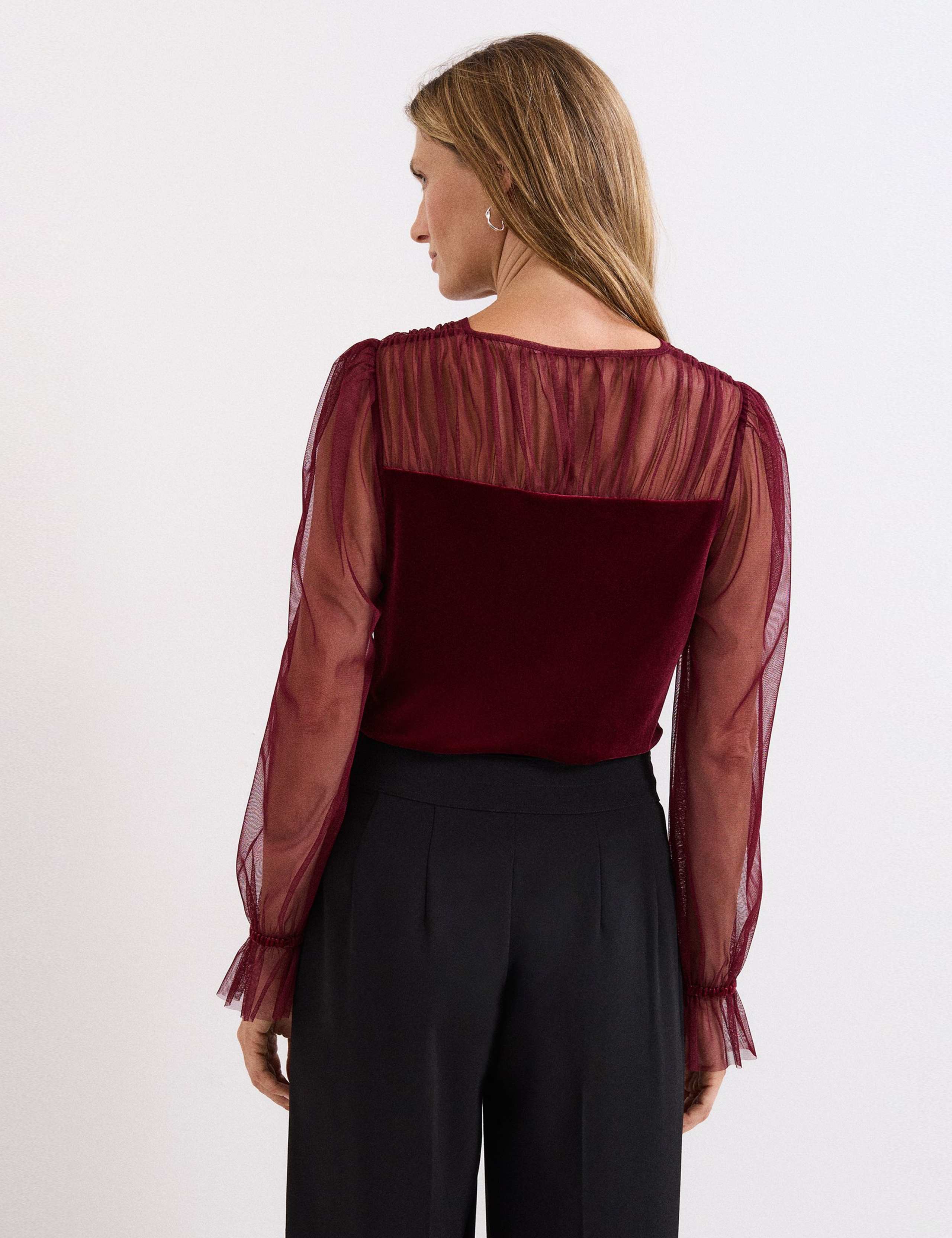 Velvet Sheer V-Neck Blouson Sleeve Blouse 5 of 7