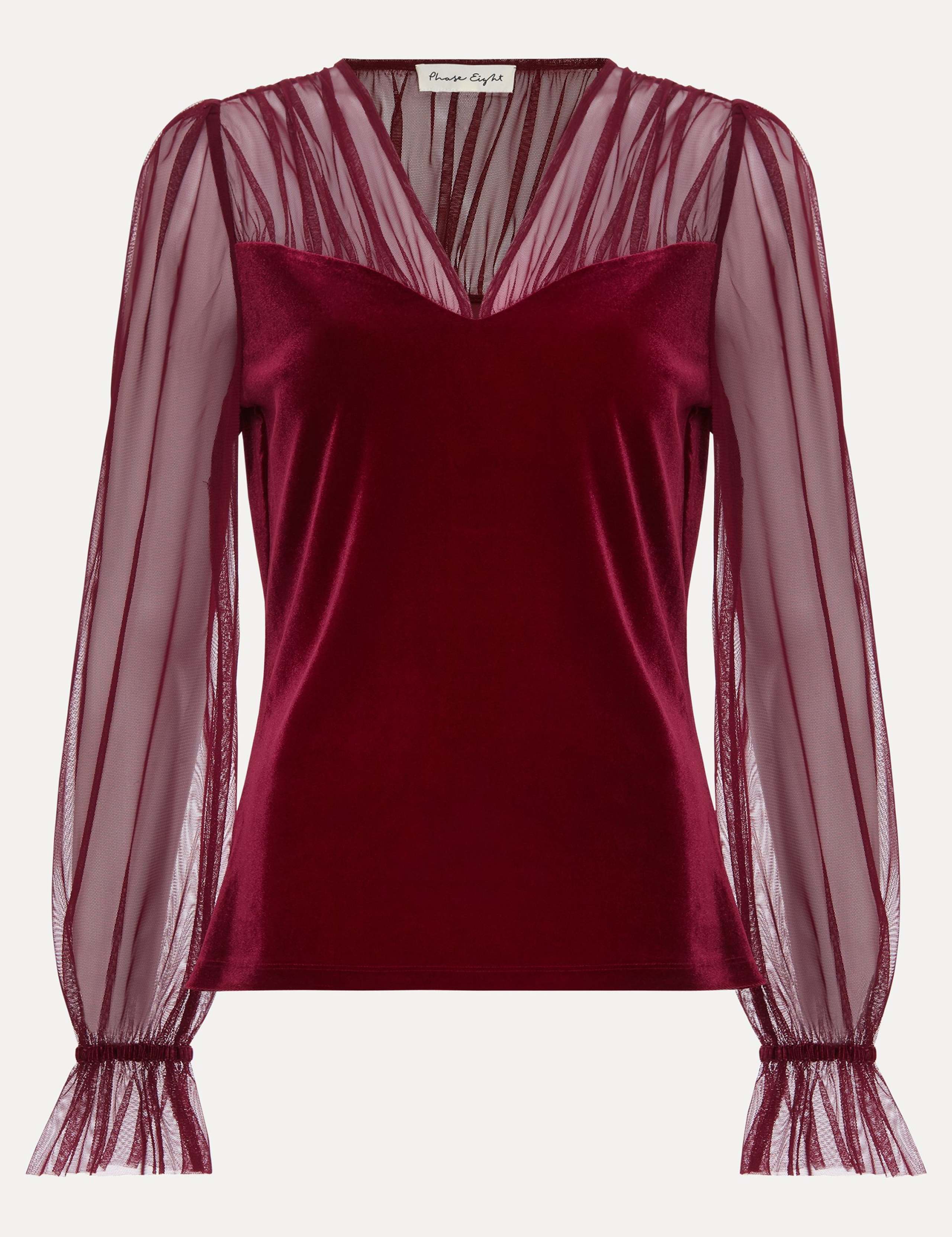 Velvet Sheer V-Neck Blouson Sleeve Blouse 2 of 7
