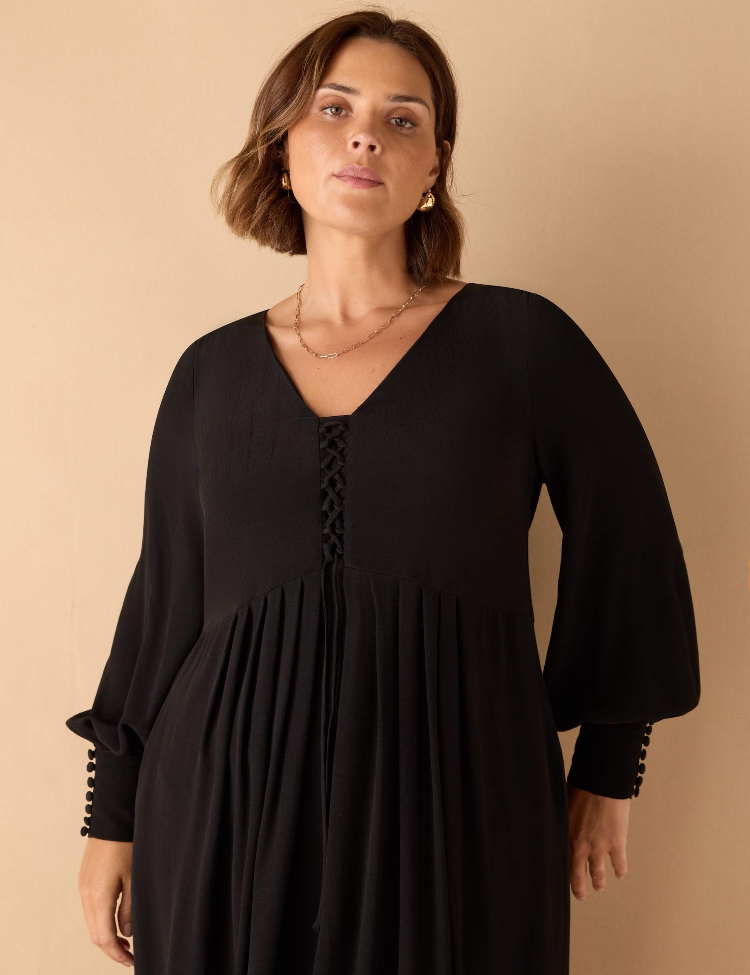 Lace Up Blouson Sleeve Midi Tea Dress 2 of 5