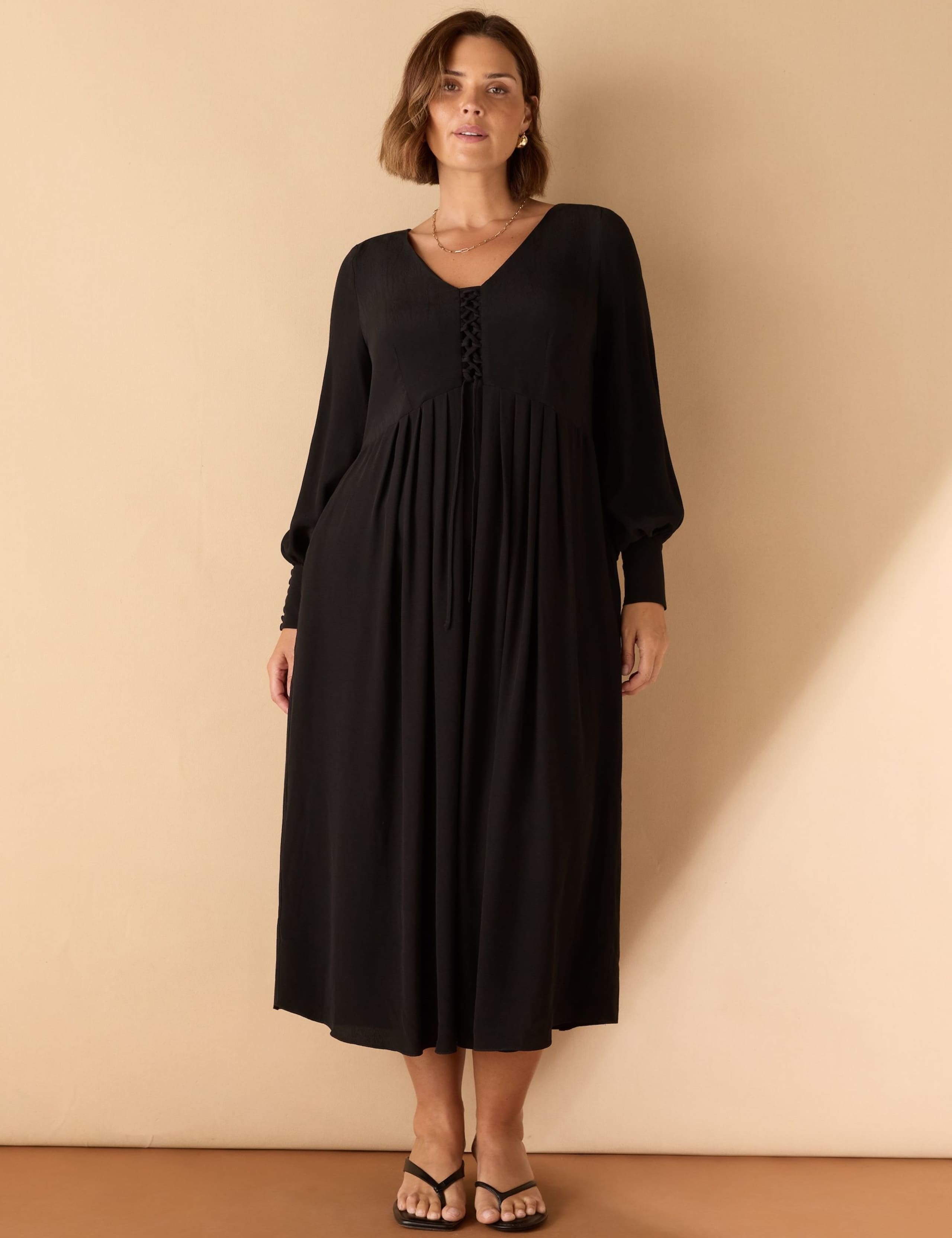 Lace Up Blouson Sleeve Midi Tea Dress 4 of 5