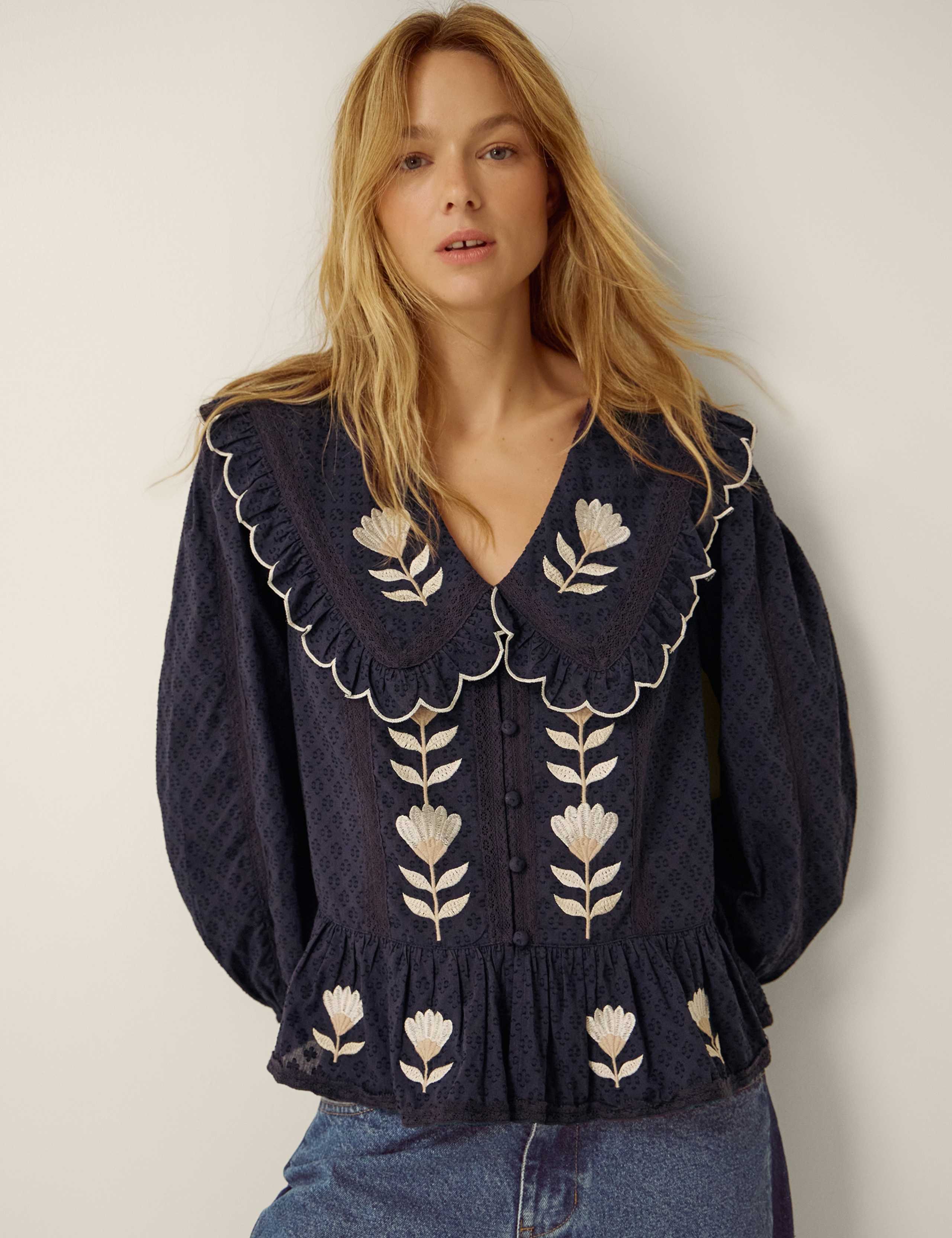 Pure Cotton Tulip Embroidered Collared Blouse 1 of 6