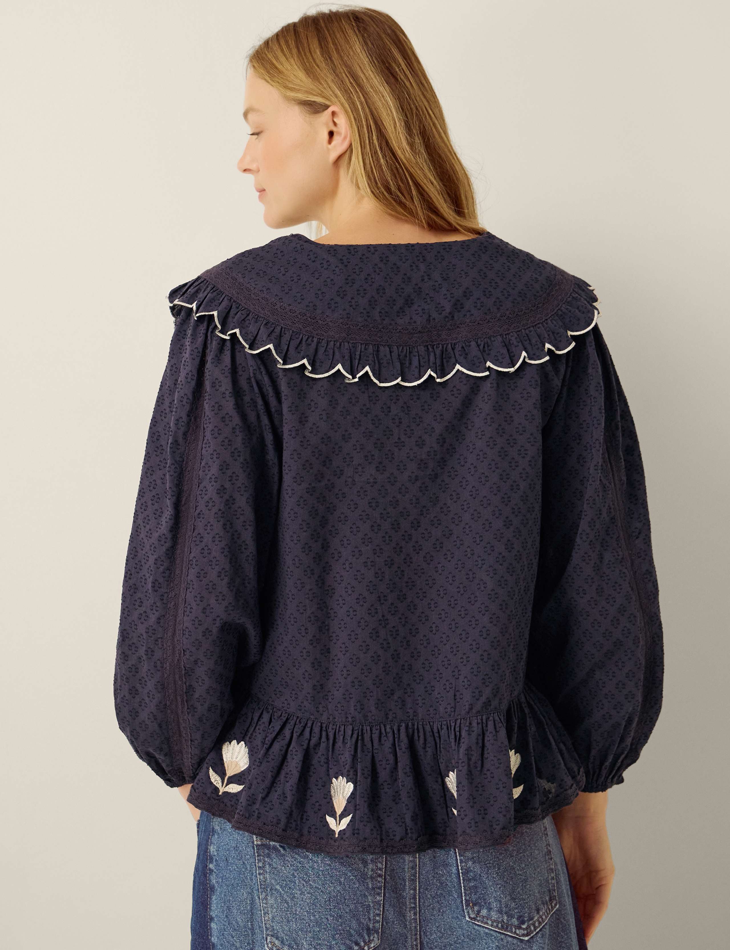 Pure Cotton Tulip Embroidered Collared Blouse 2 of 6