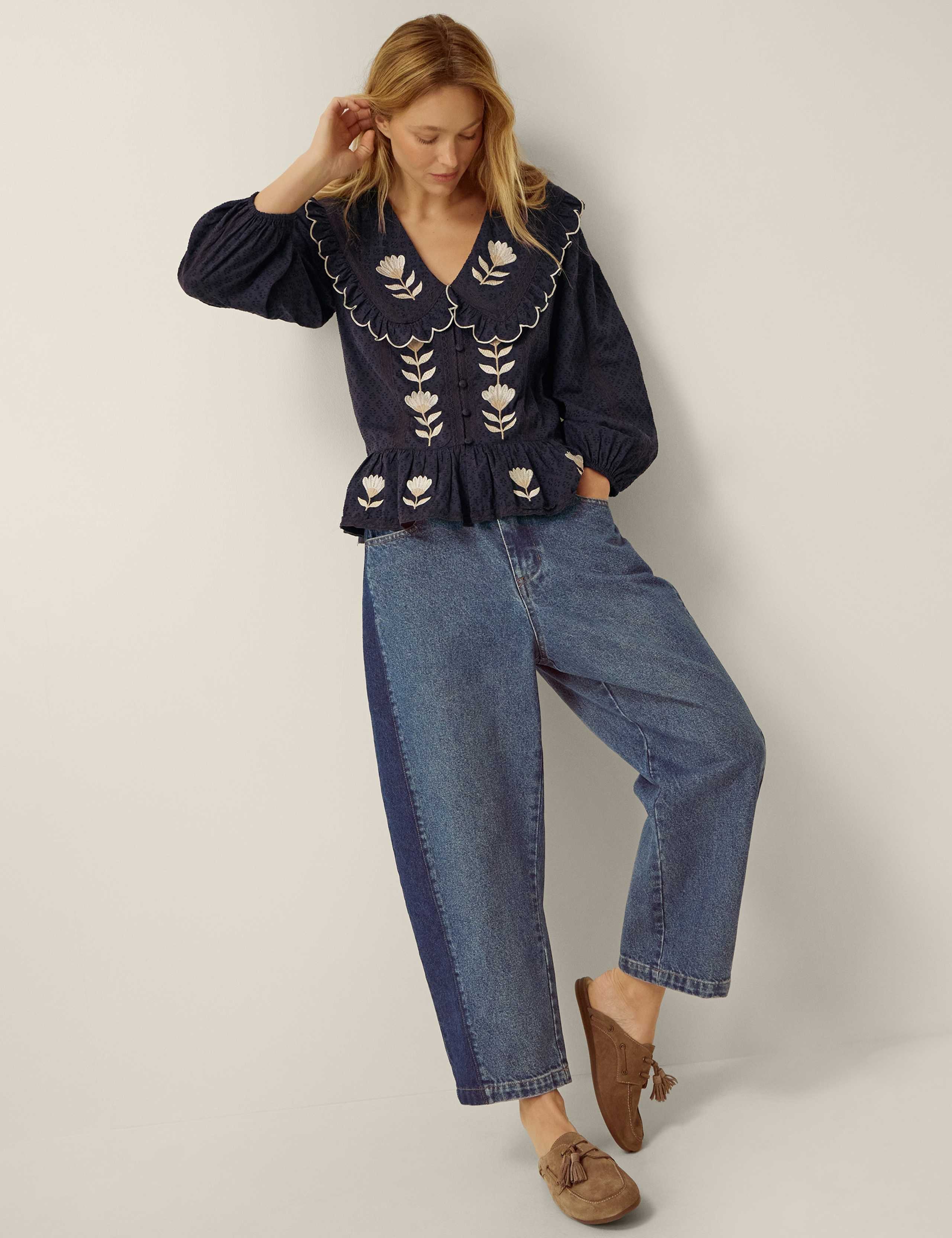 Pure Cotton Tulip Embroidered Collared Blouse 3 of 6