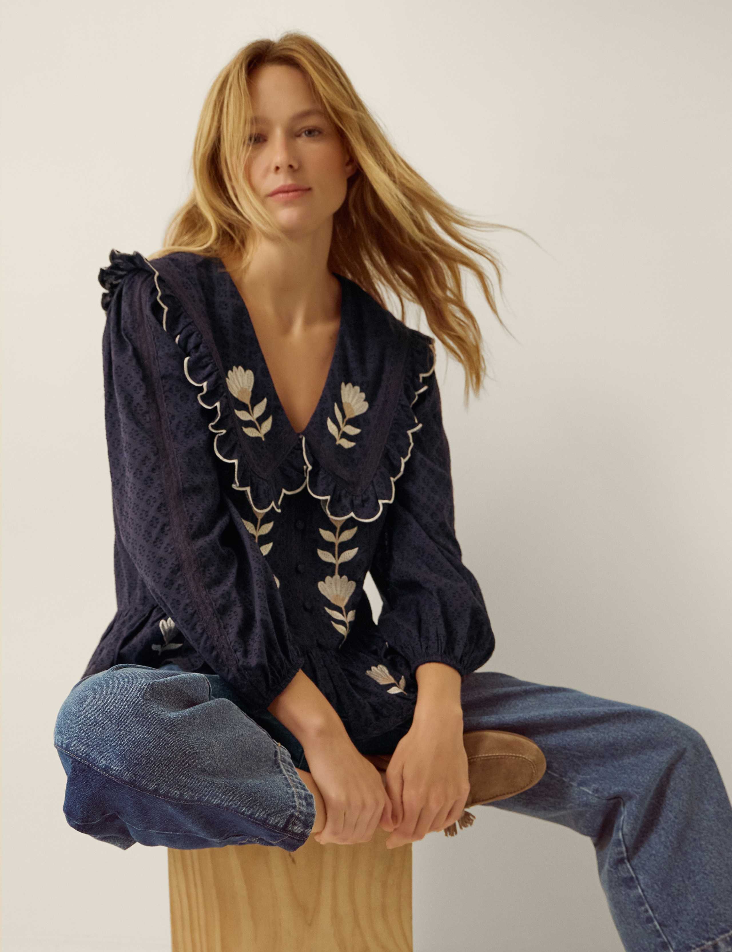 Pure Cotton Tulip Embroidered Collared Blouse 5 of 6