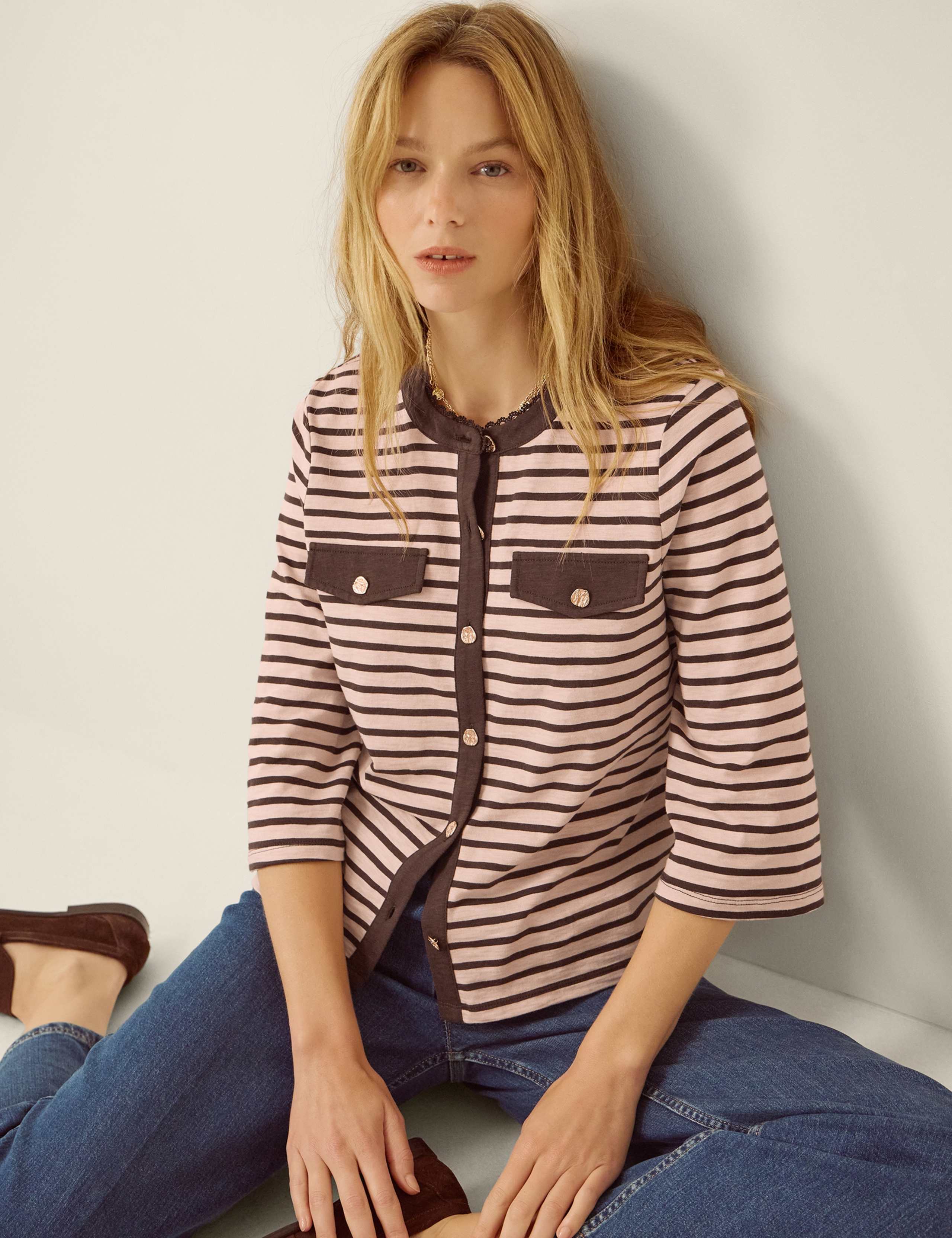 Pure Cotton Jersey Striped Button Through Top 4 of 4