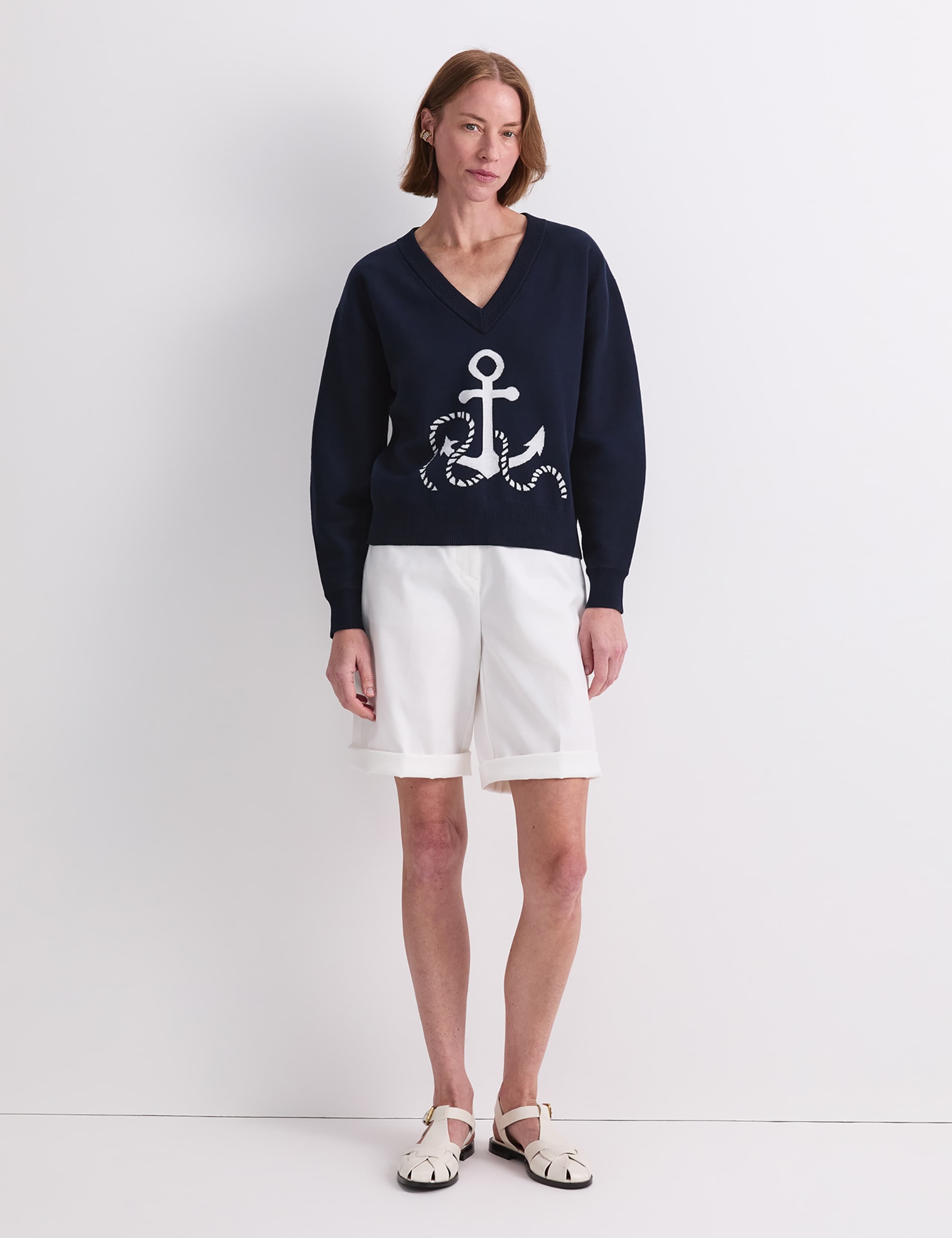 Cotton Rich Anchor Jacquard V-Neck Jumper 2 of 7