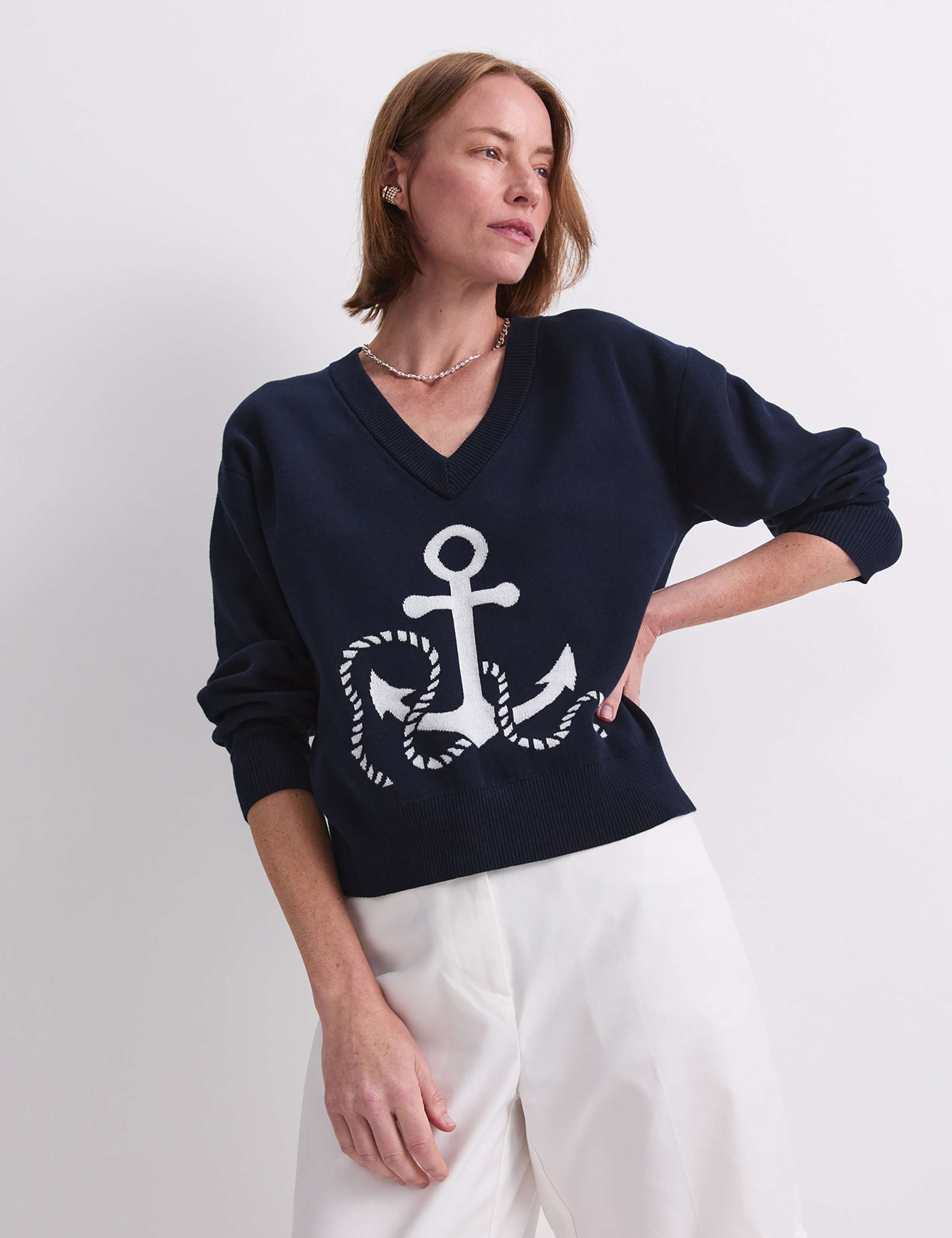 Cotton Rich Anchor Jacquard V-Neck Jumper 5 of 7