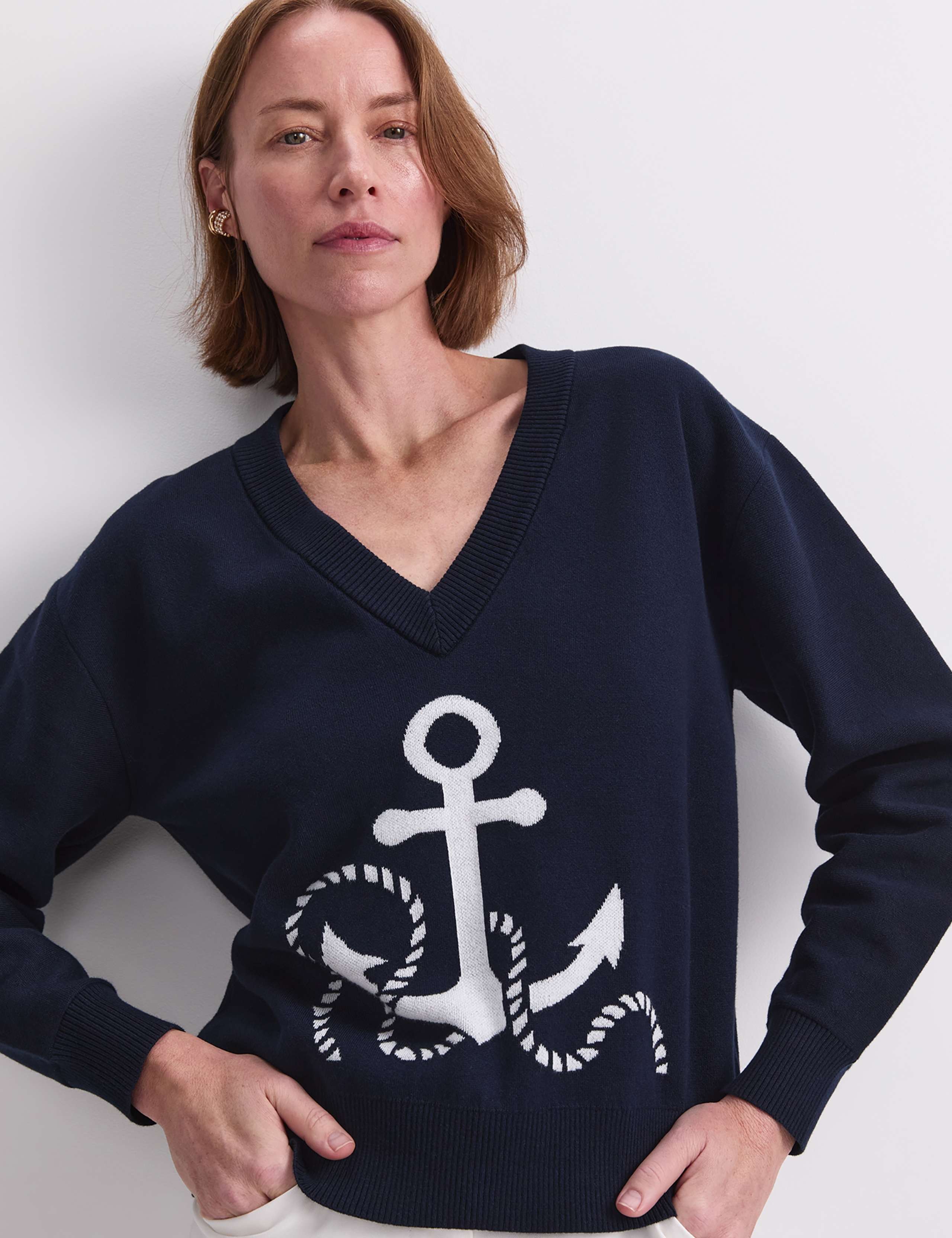 Cotton Rich Anchor Jacquard V-Neck Jumper 6 of 7