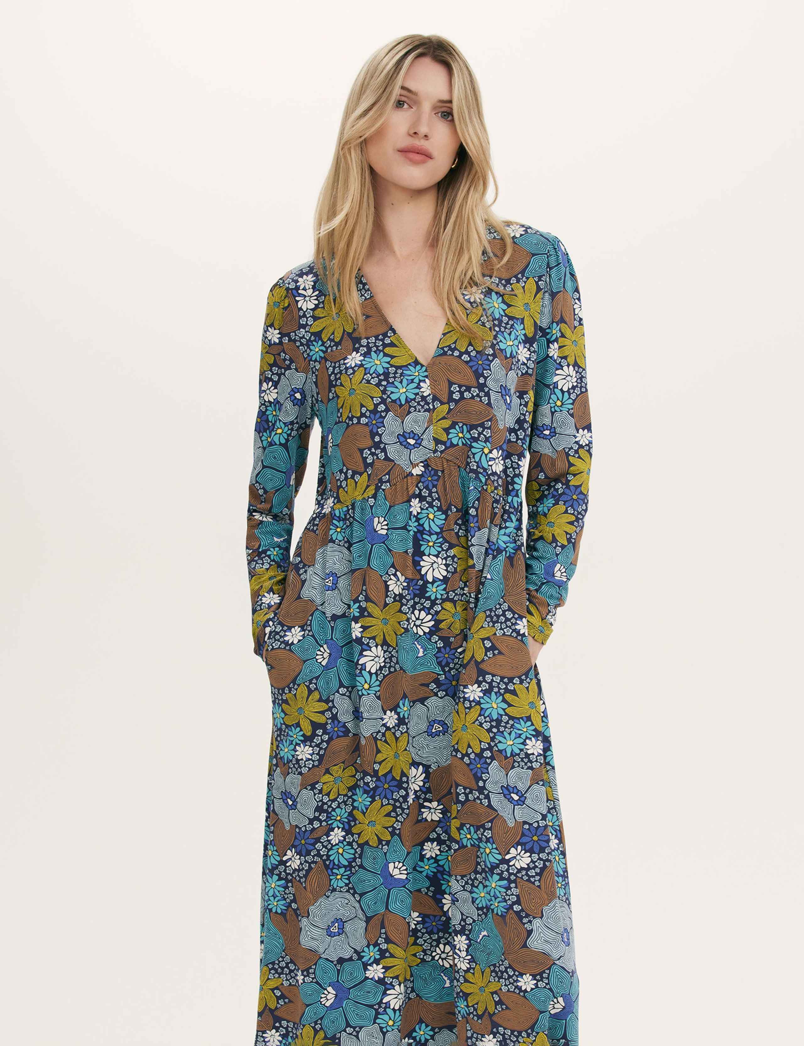 Jersey Floral V-Neck Midi Skater Dress 2 of 4