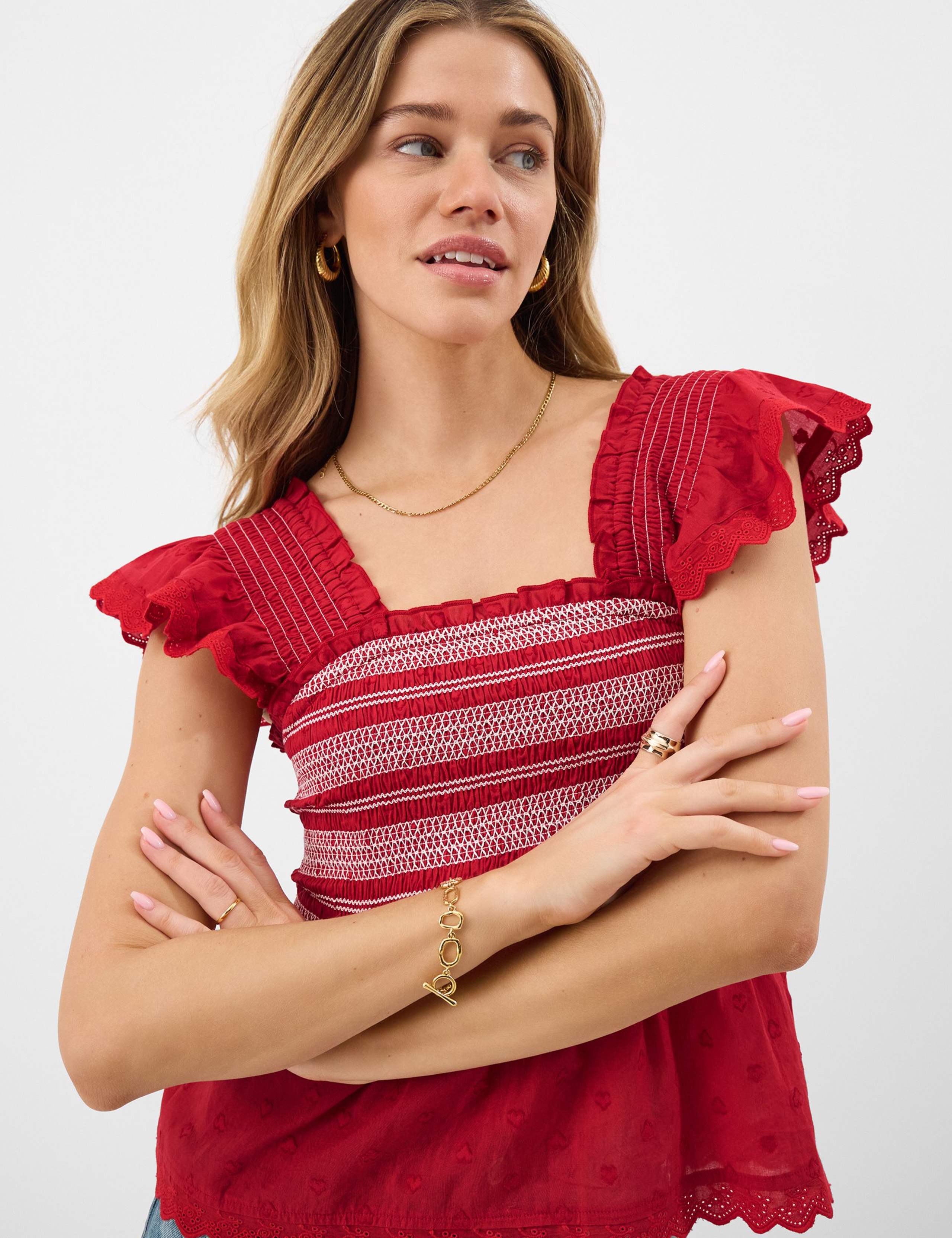 Pure Cotton Smocked Frill Shoulder Top 1 of 5