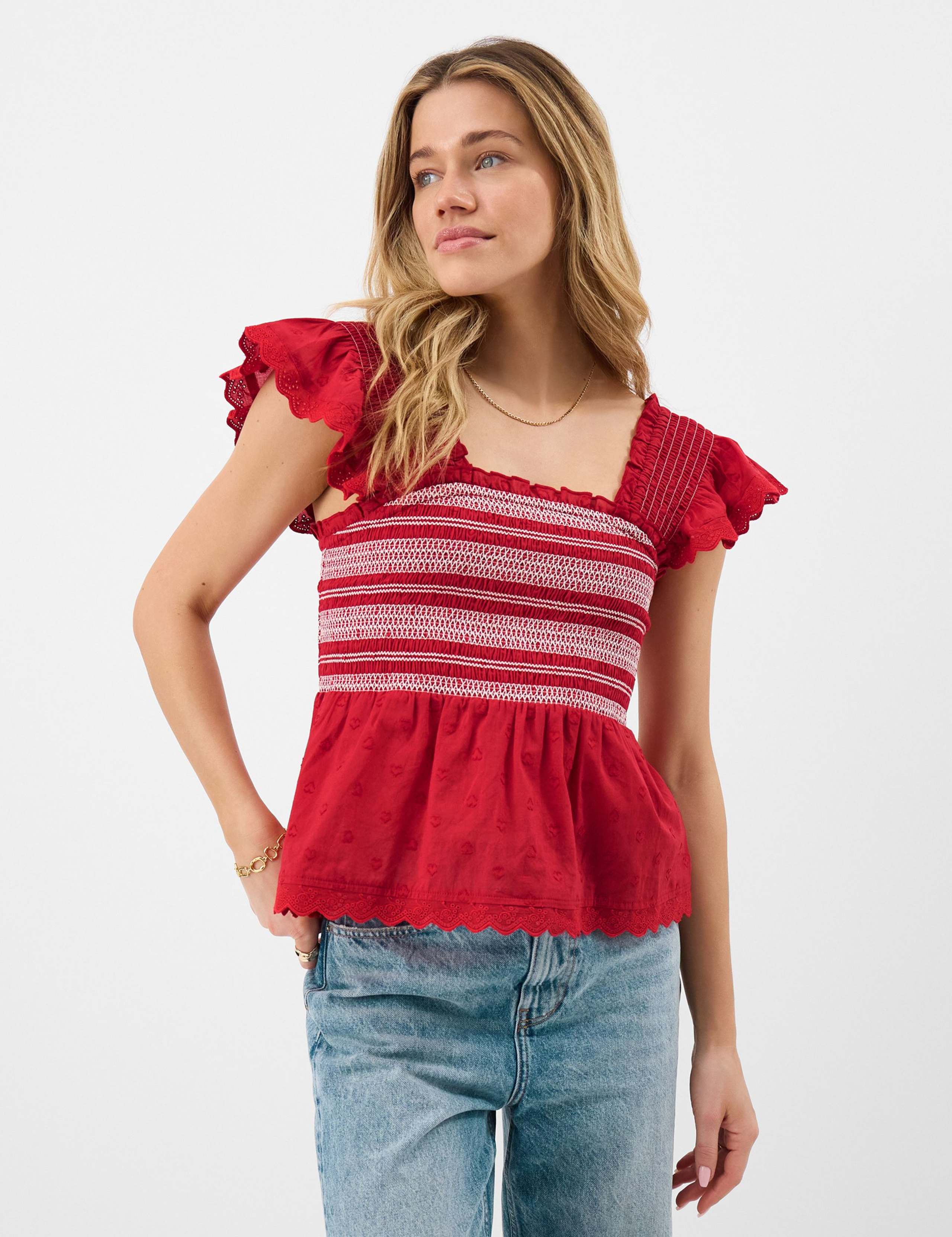 Pure Cotton Smocked Frill Shoulder Top 3 of 5