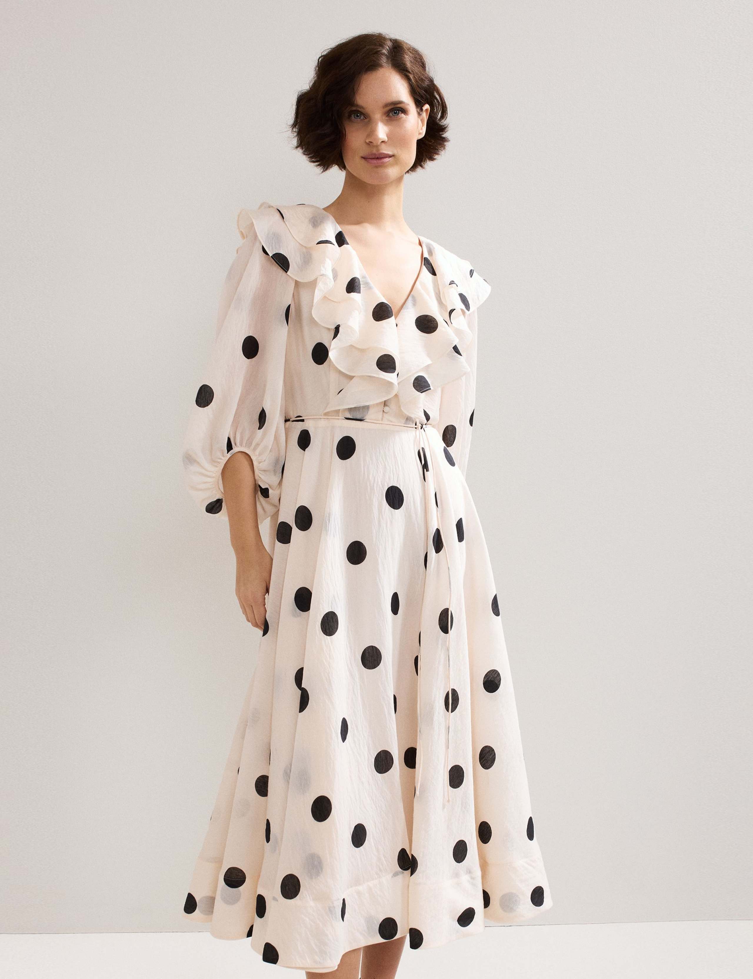 Spot Print Ruffle Midi Dress with Linen 3 of 8