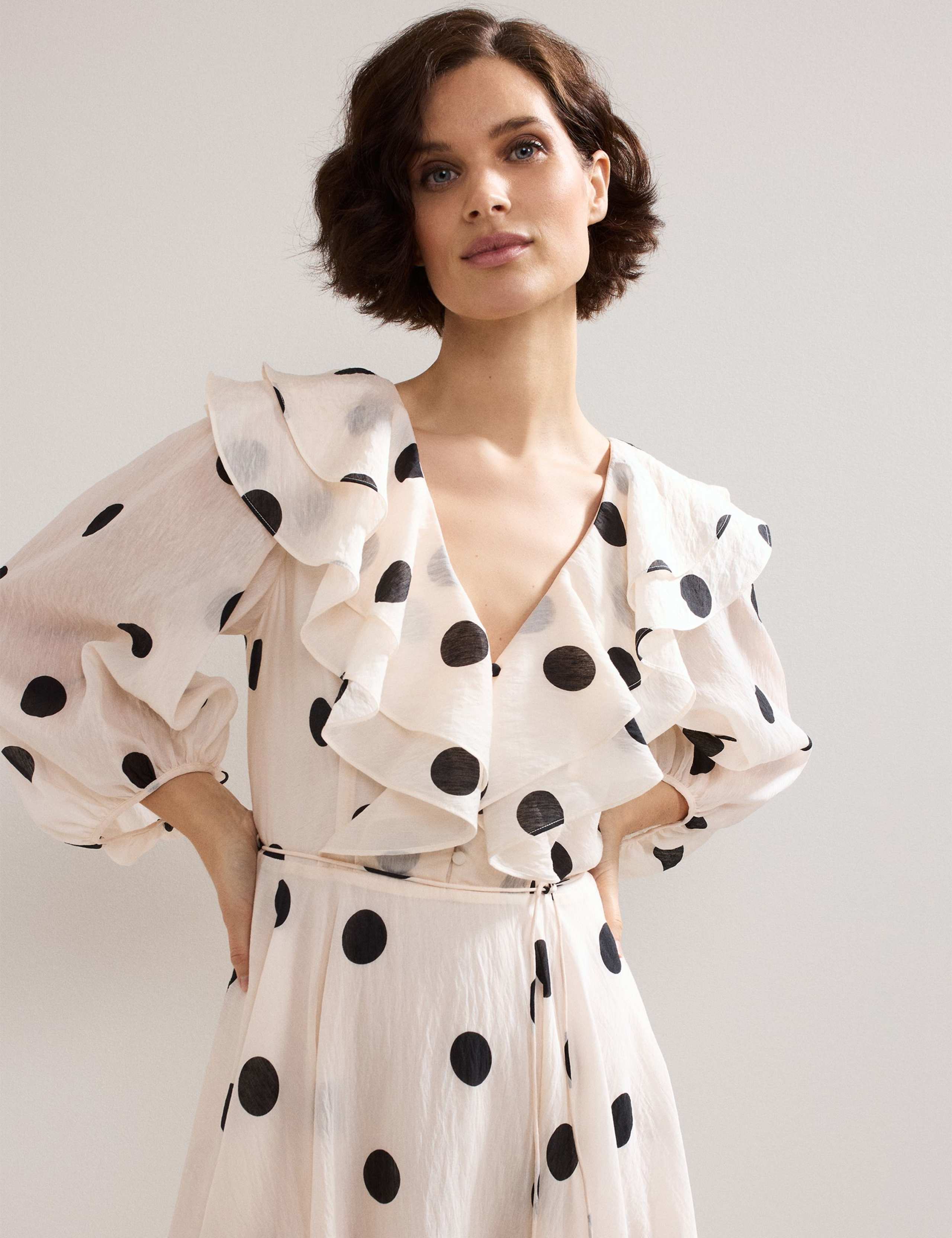 Spot Print Ruffle Midi Dress with Linen 4 of 8