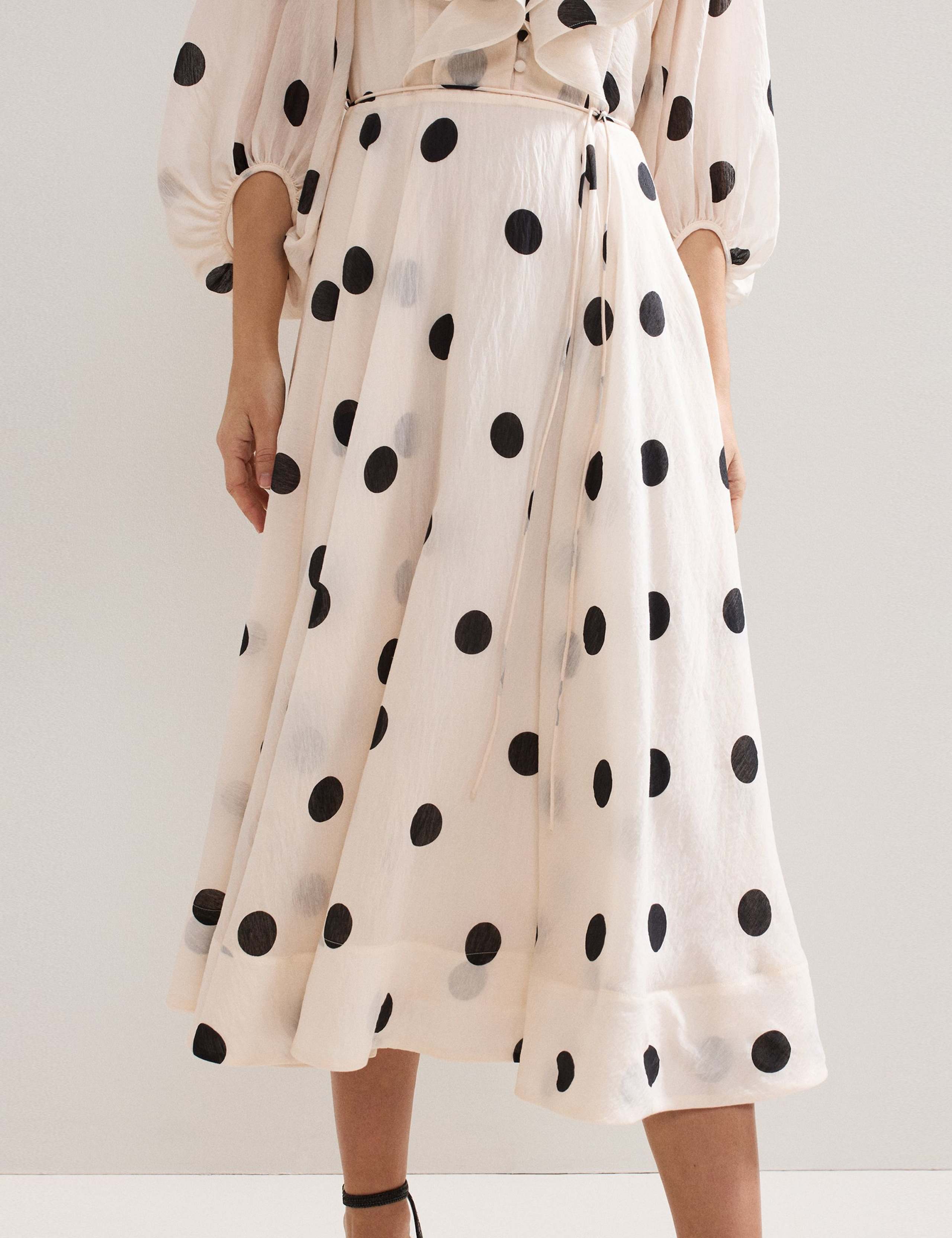 Spot Print Ruffle Midi Dress with Linen 5 of 8