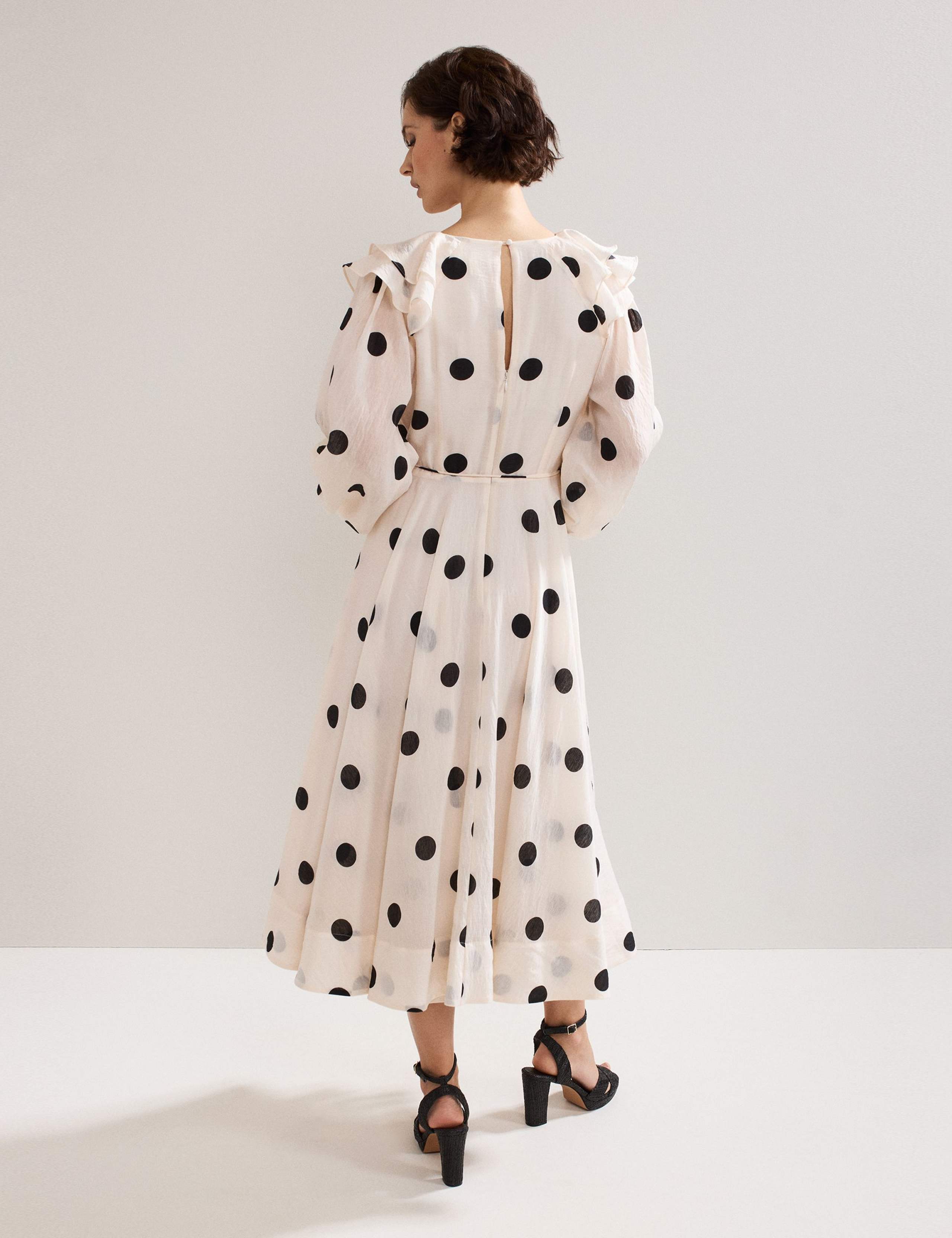 Spot Print Ruffle Midi Dress with Linen 6 of 8