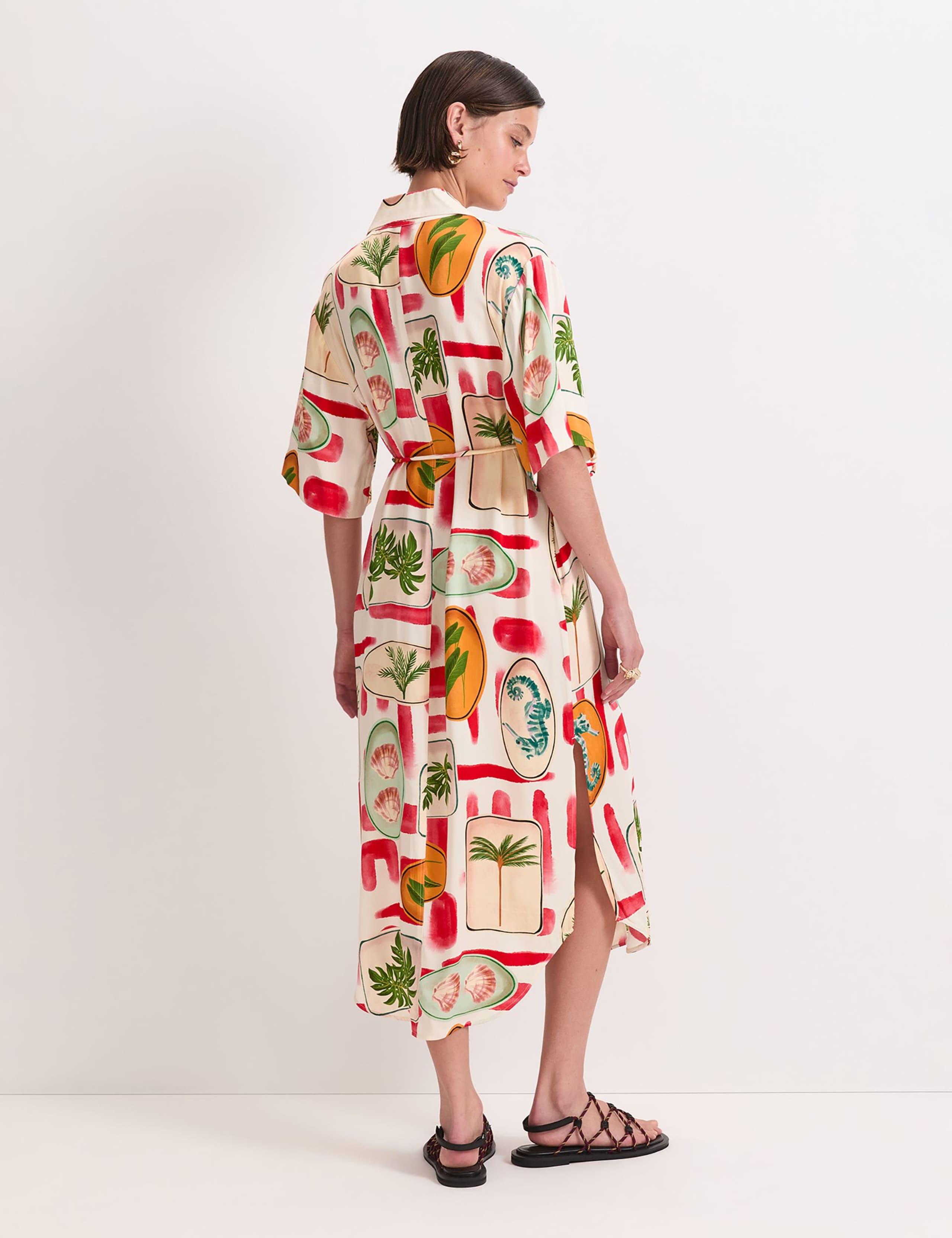 Printed Tie Waist Midi Shirt Dress 2 of 5