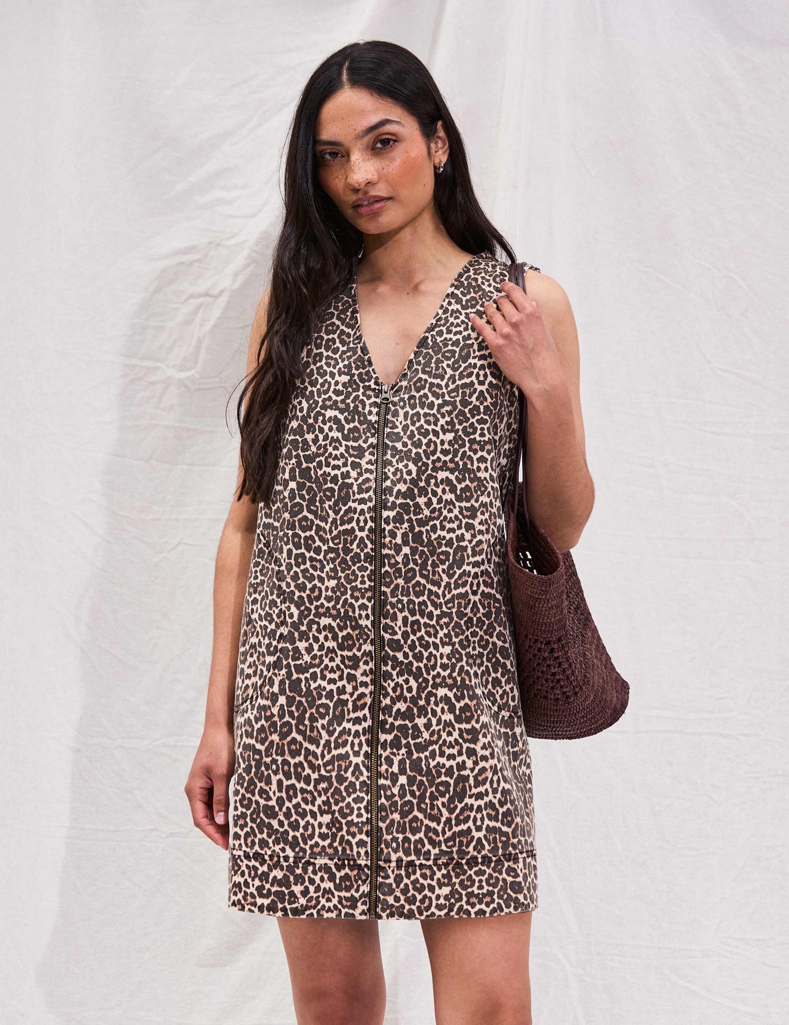 Denim Leopard Print Zip-Up Mini Swing Dress 2 of 5