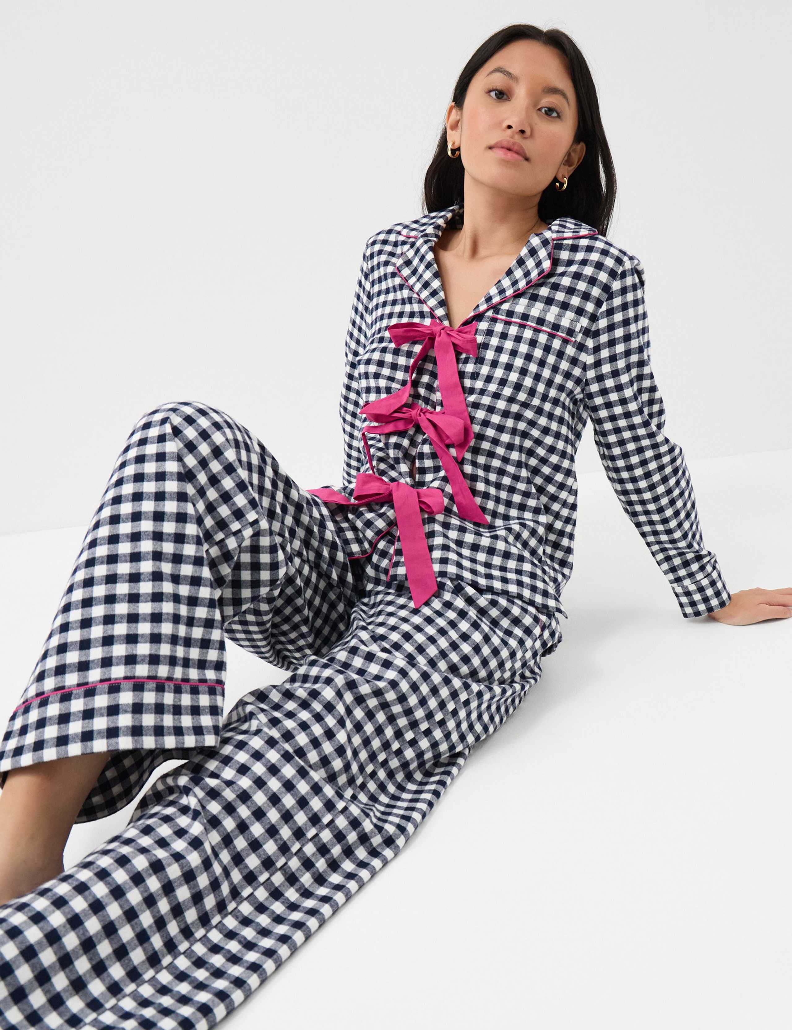 Pure Cotton Bow Gingham Pyjama Set 3 of 5