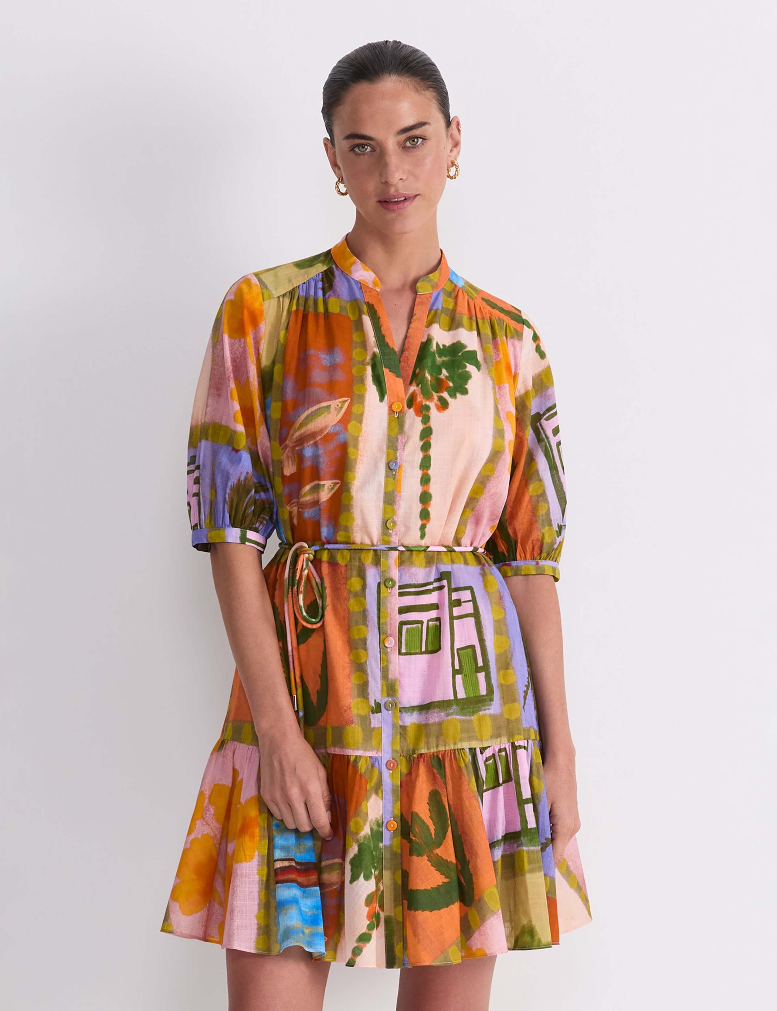 Pure Cotton Printed V-Neck Mini Dress 1 of 7