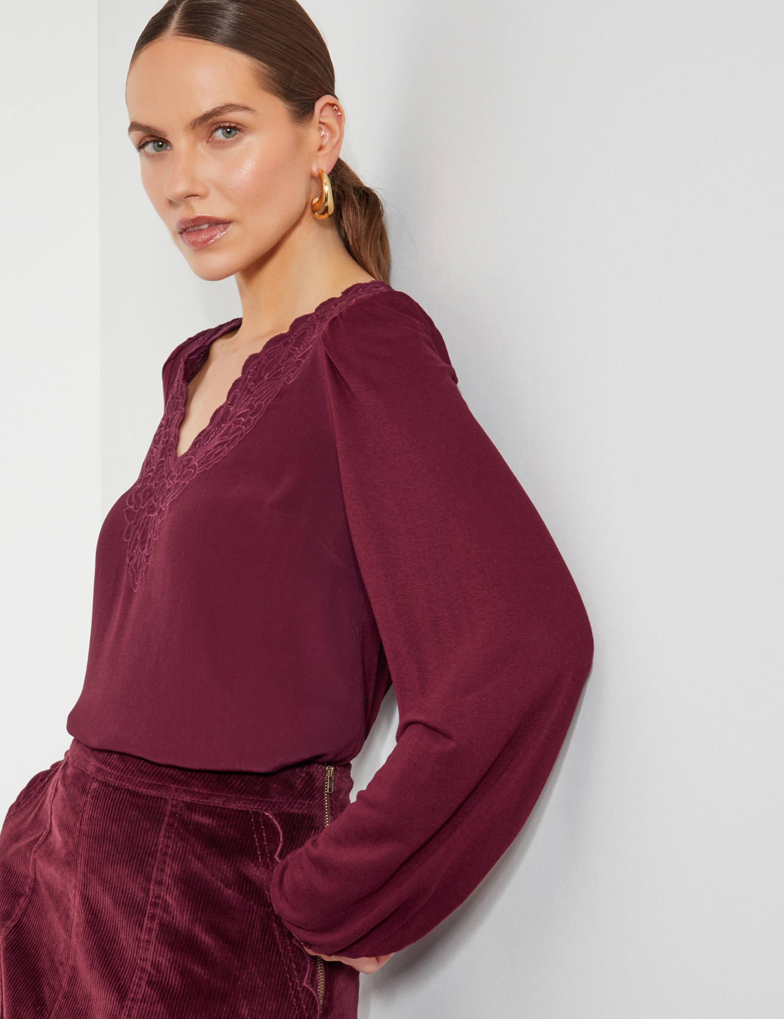 Jersey V-Neck Lace Detail Top 1 of 5