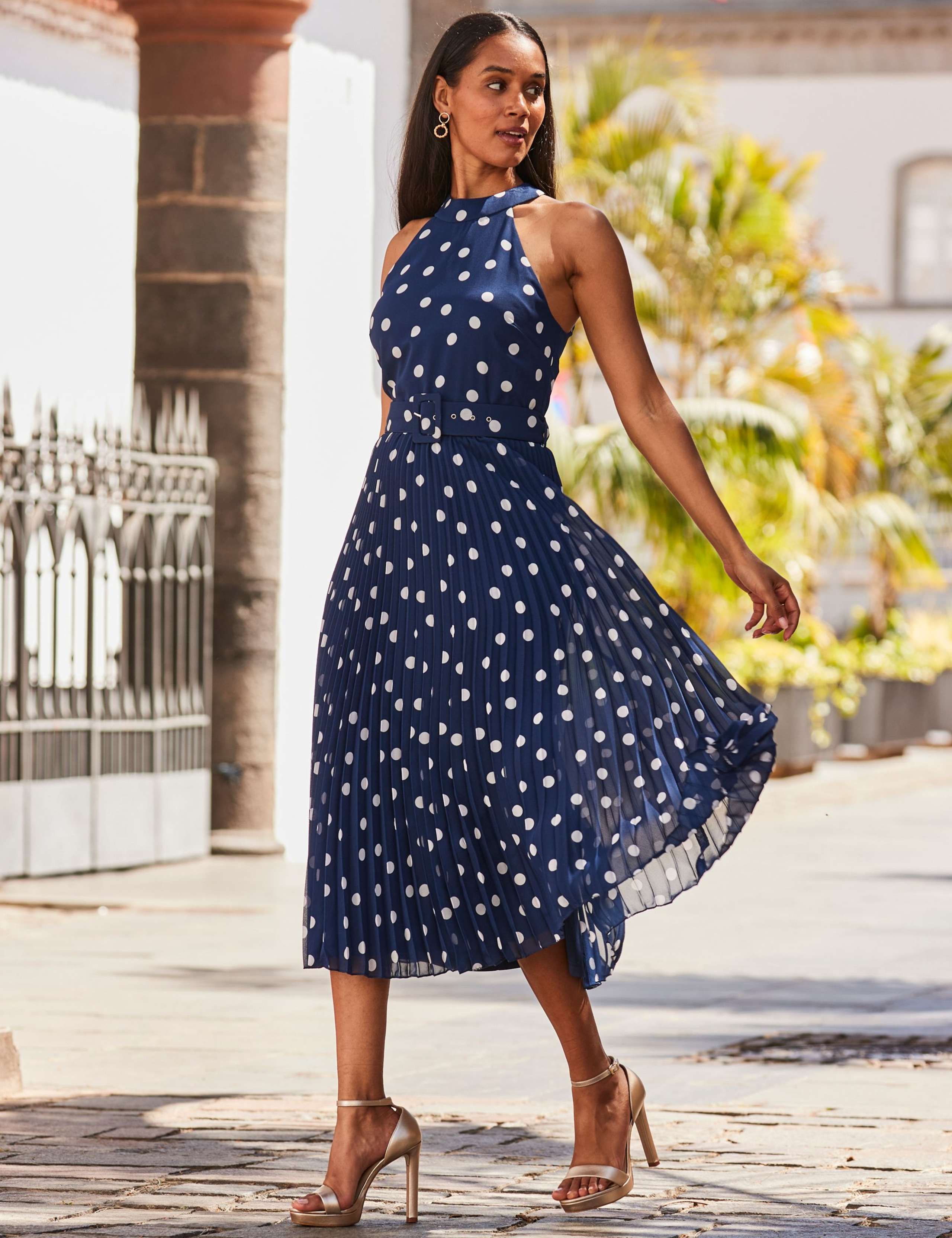 Spot Print Halter Neck Midi Skater Dress 2 of 4