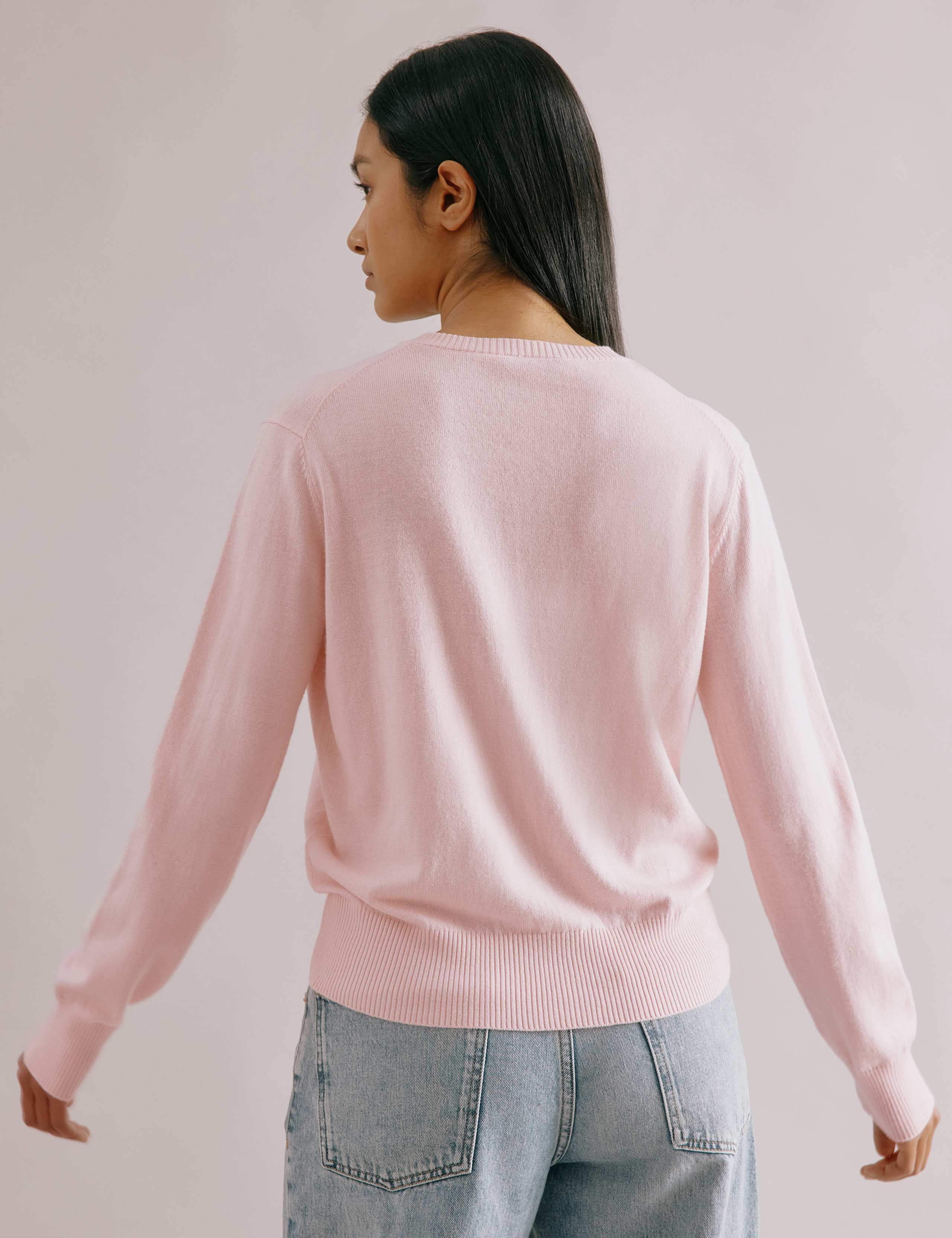 Cotton Blend Crew Neck Cardigan with Wool 4 of 5