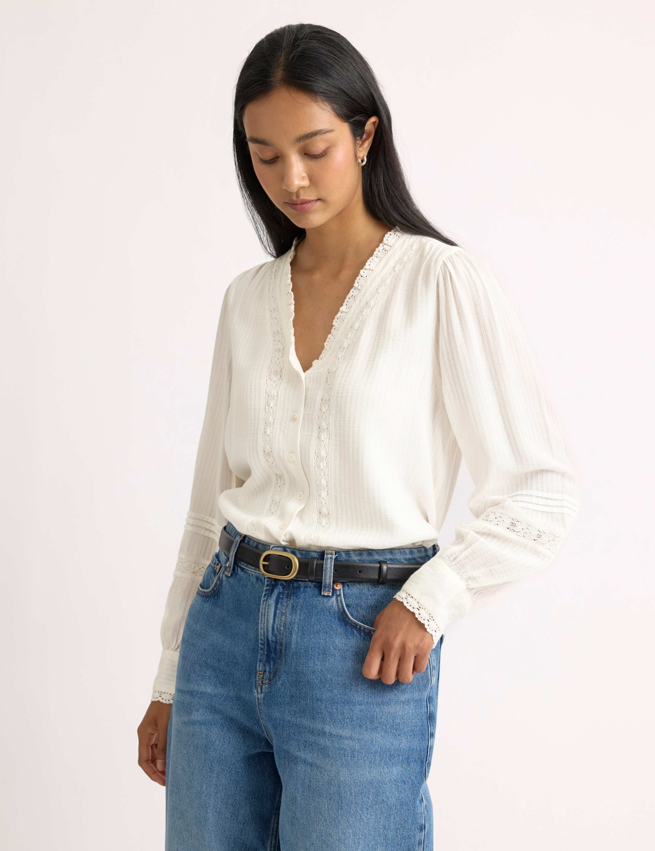 Modal Cotton Blend Lace Trim V Neck Blouse 3 of 5