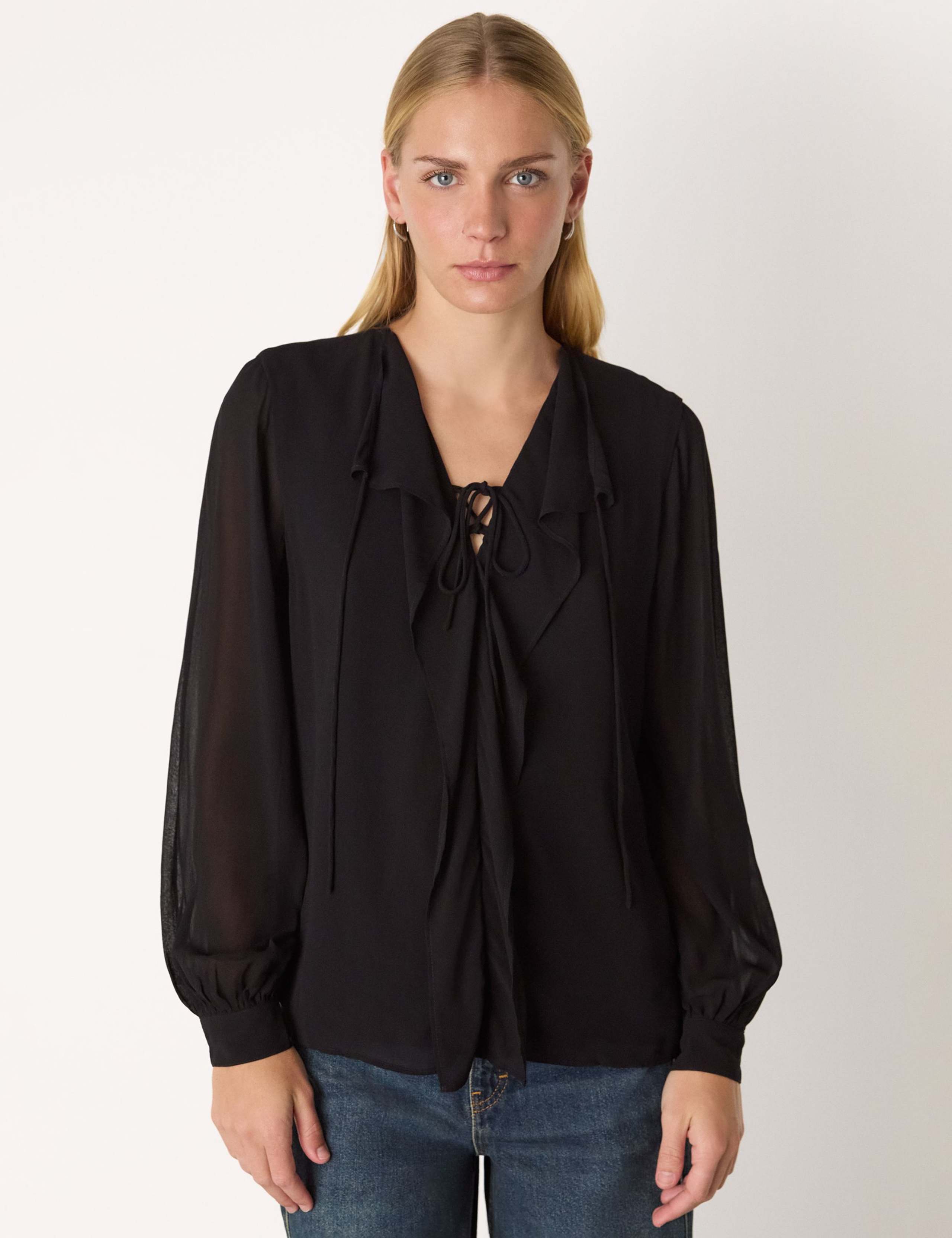 Sheer V-Neck Frill Neck Blouse 1 of 4