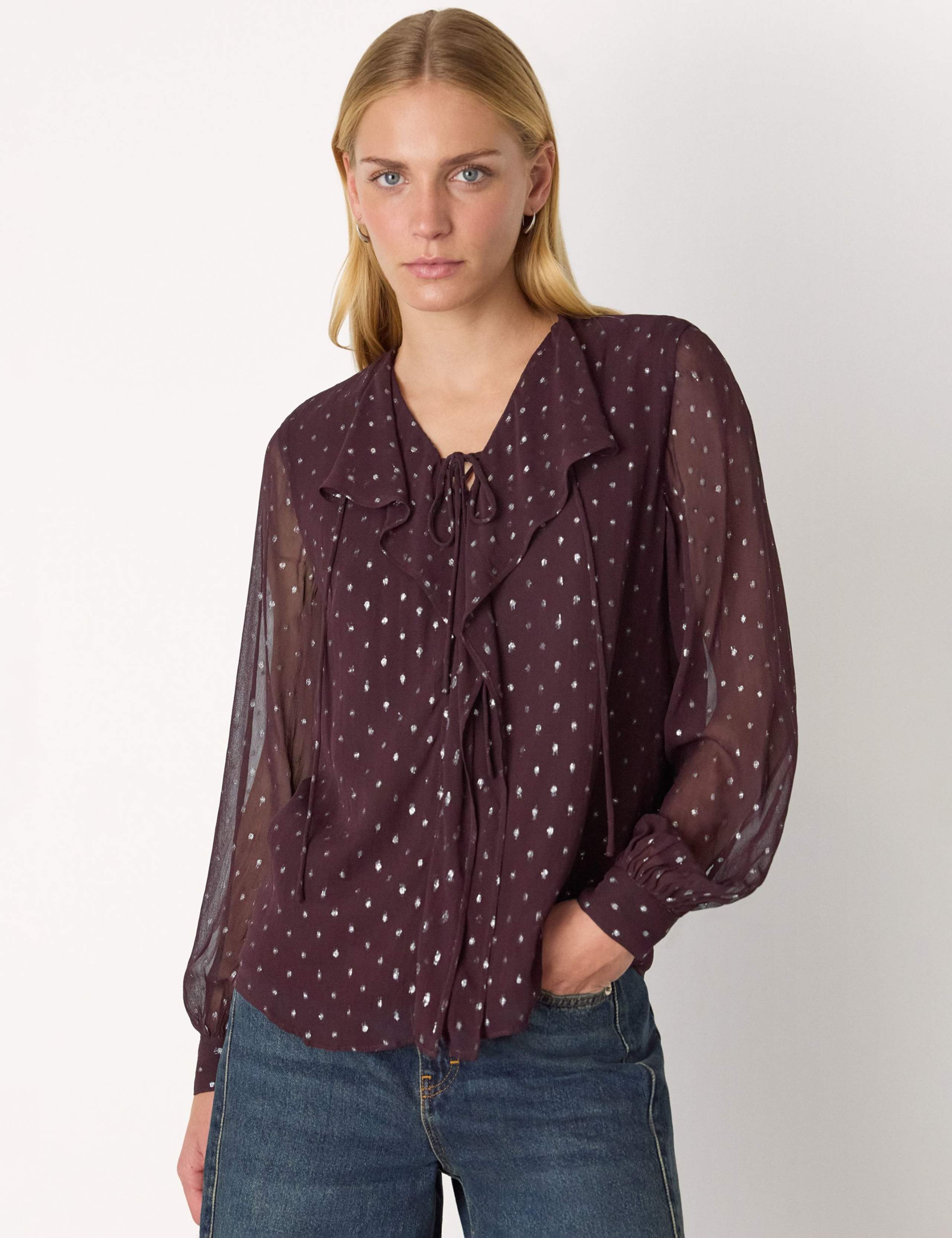 Polka Dot Metallic Tie Neck Blouse 1 of 4
