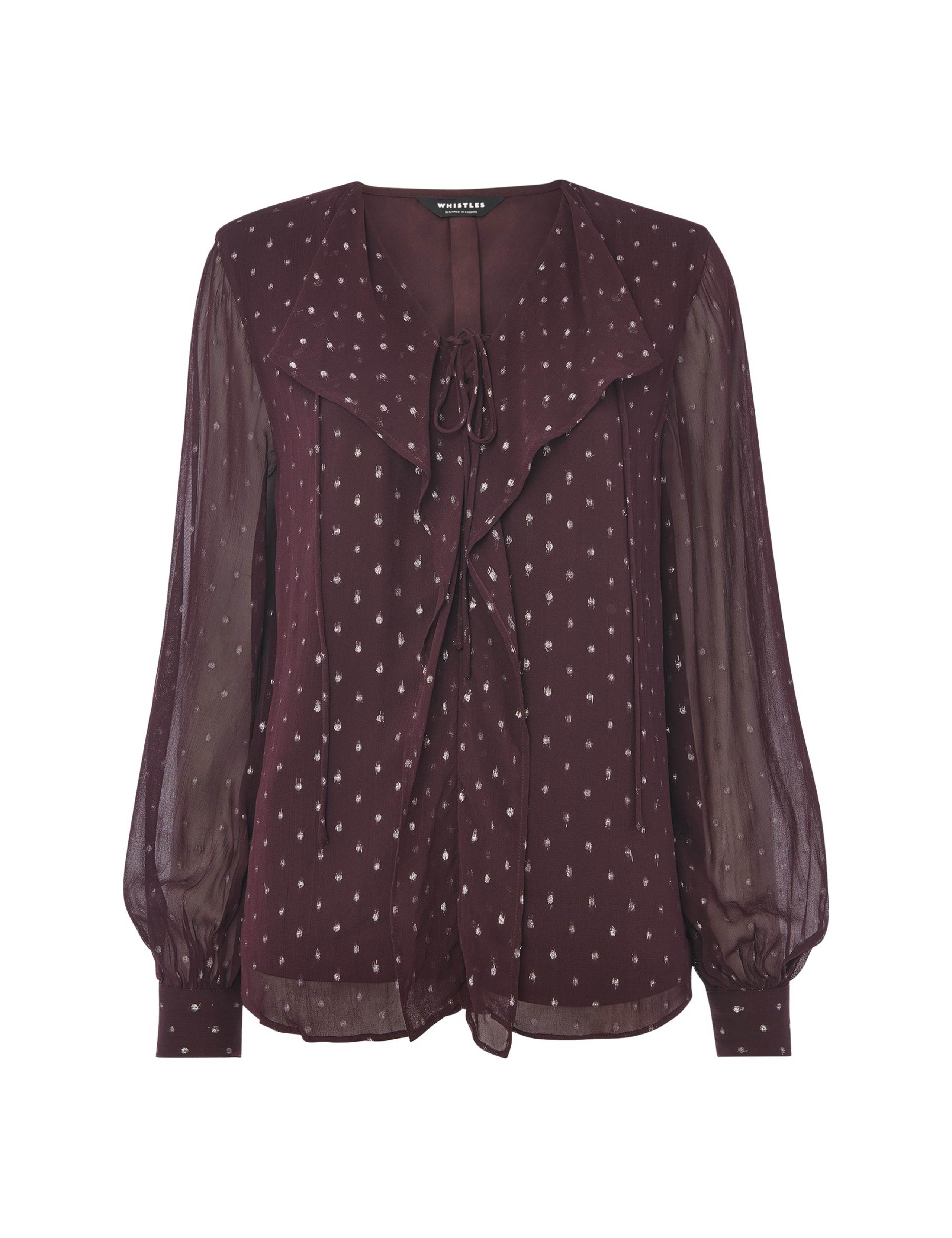 Polka Dot Metallic Tie Neck Blouse 2 of 4