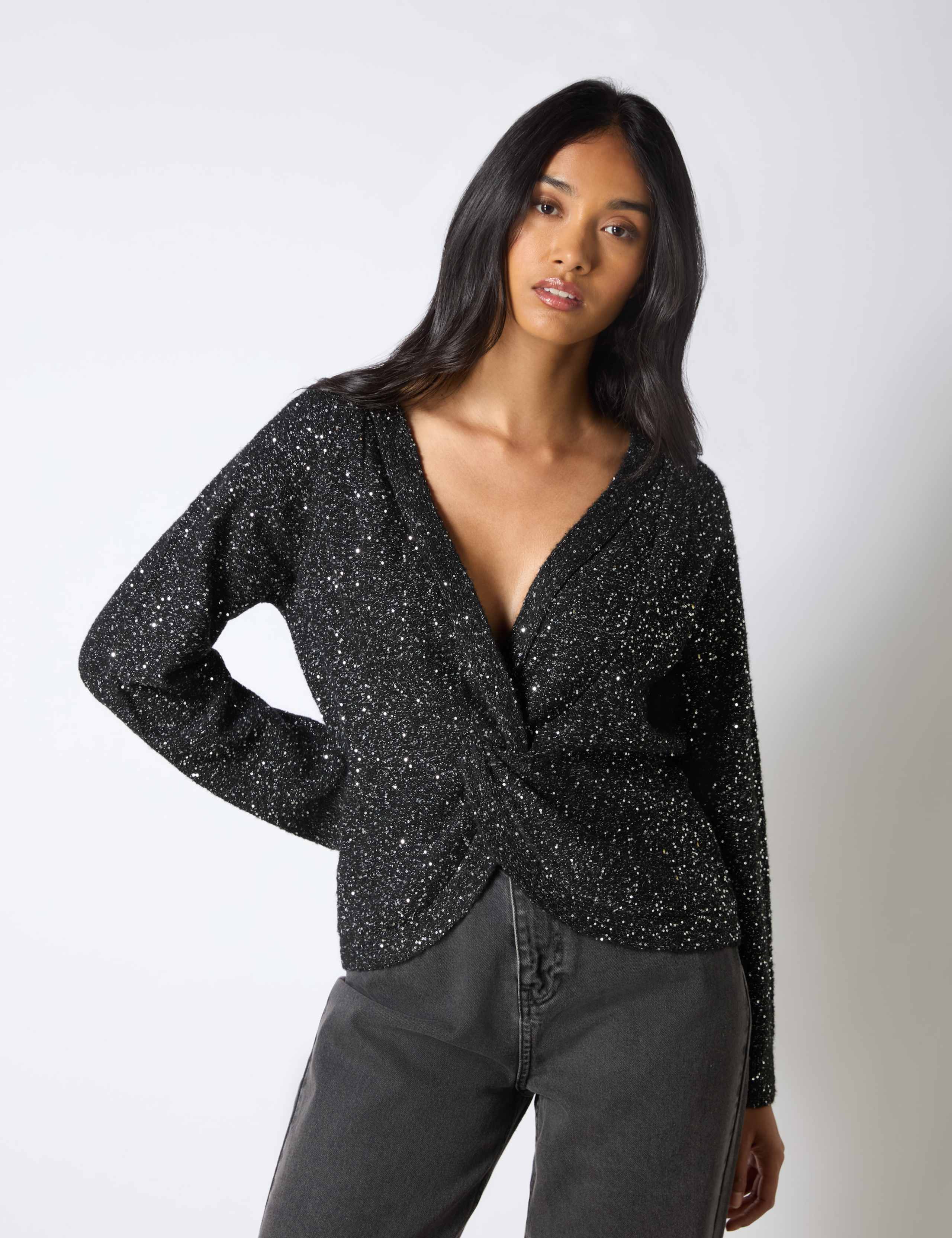 Sparkly V-Neck Twist Detail Jumper with Wool 4 of 5