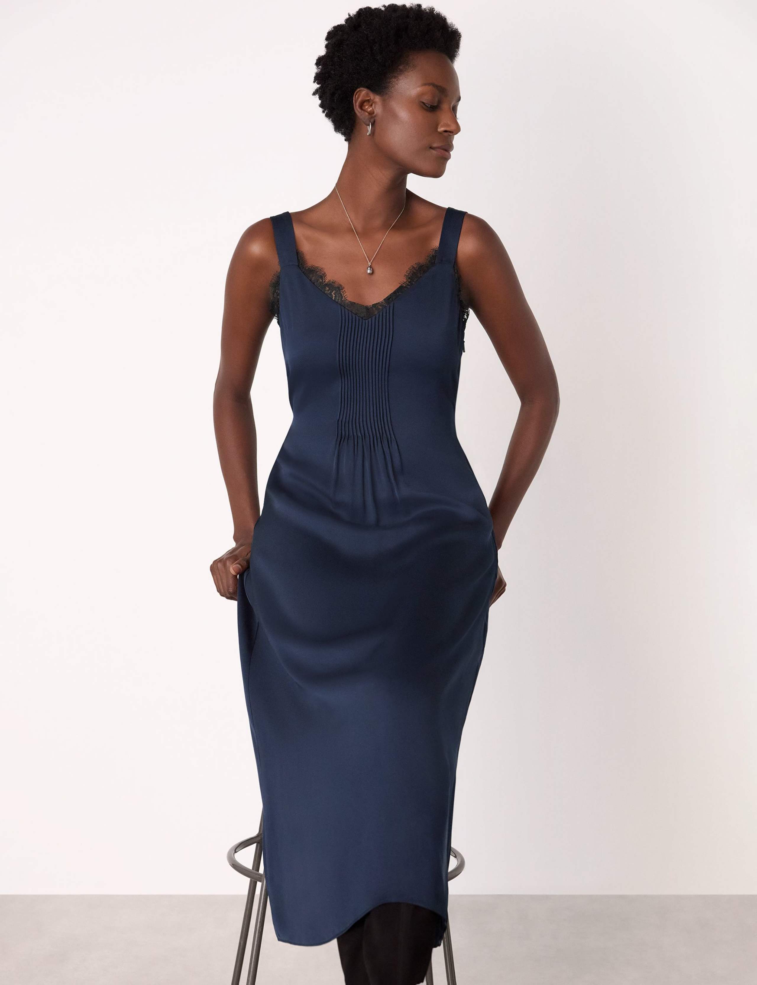 Crepe Lace Insert V-Neck Midi Cami Slip Dress 1 of 4