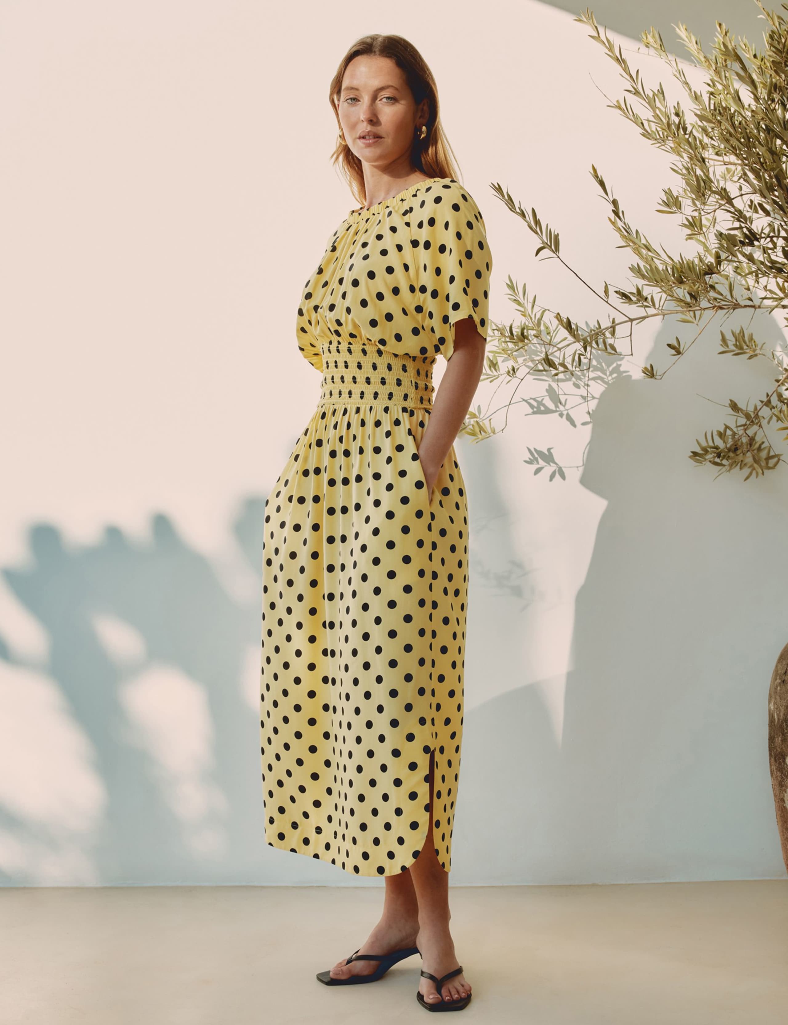 Polka Dot V-Neck Shirred Midi Waisted Dress 3 of 6