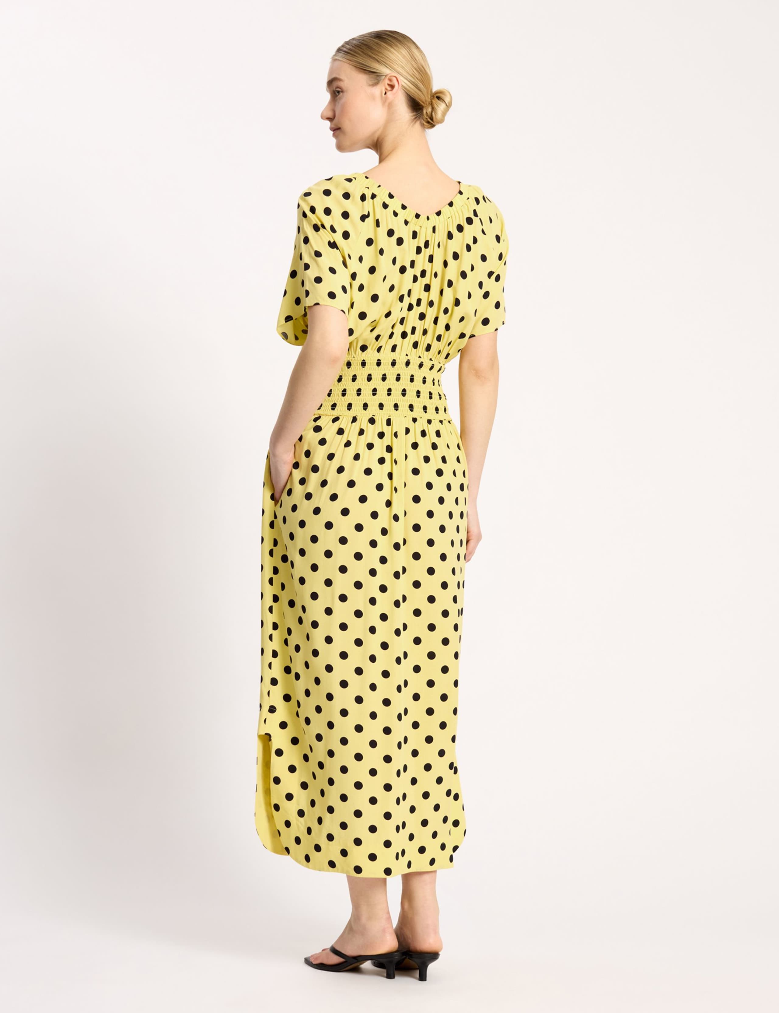 Polka Dot V-Neck Shirred Midi Waisted Dress 4 of 6