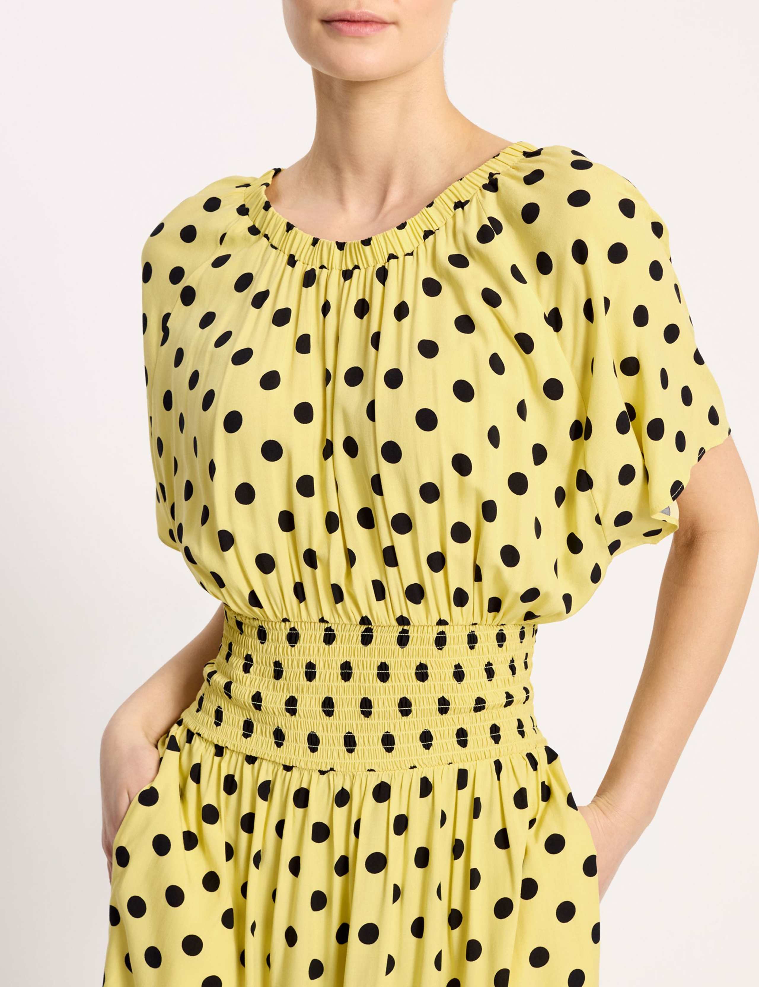 Polka Dot V-Neck Shirred Midi Waisted Dress 5 of 6