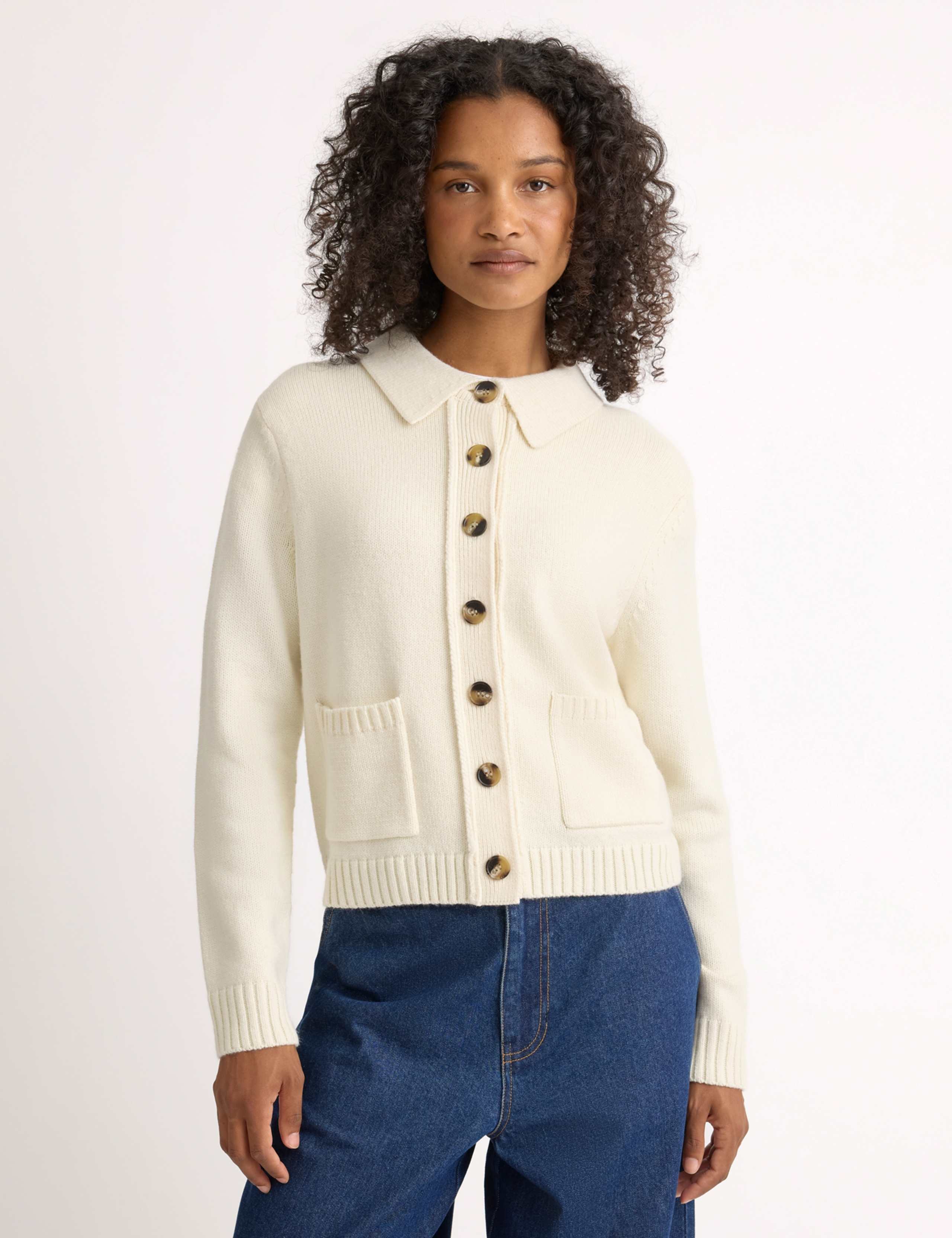 Collared Button Front Pocket Cardigan with Wool 1 of 5