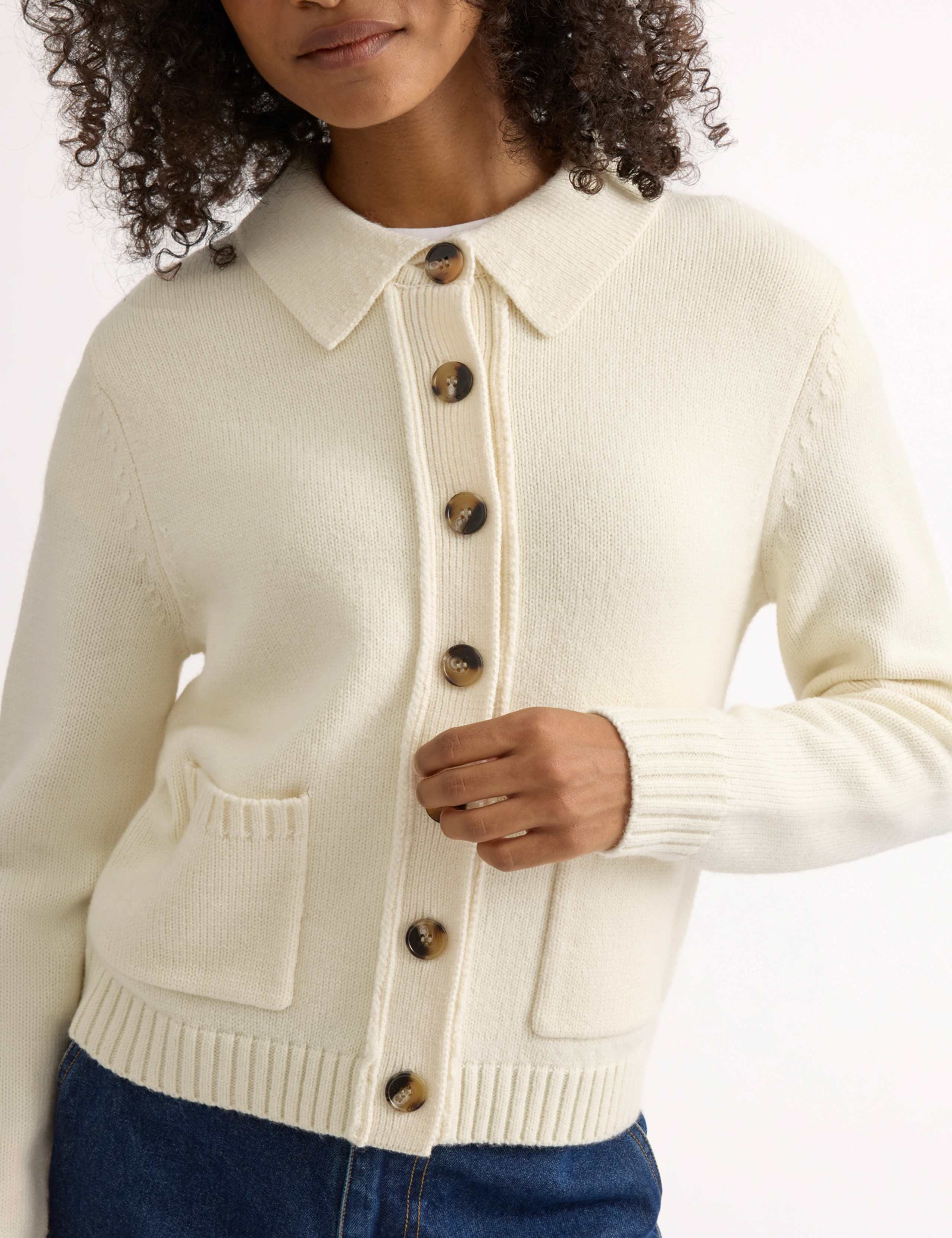 Collared Button Front Pocket Cardigan with Wool 5 of 5