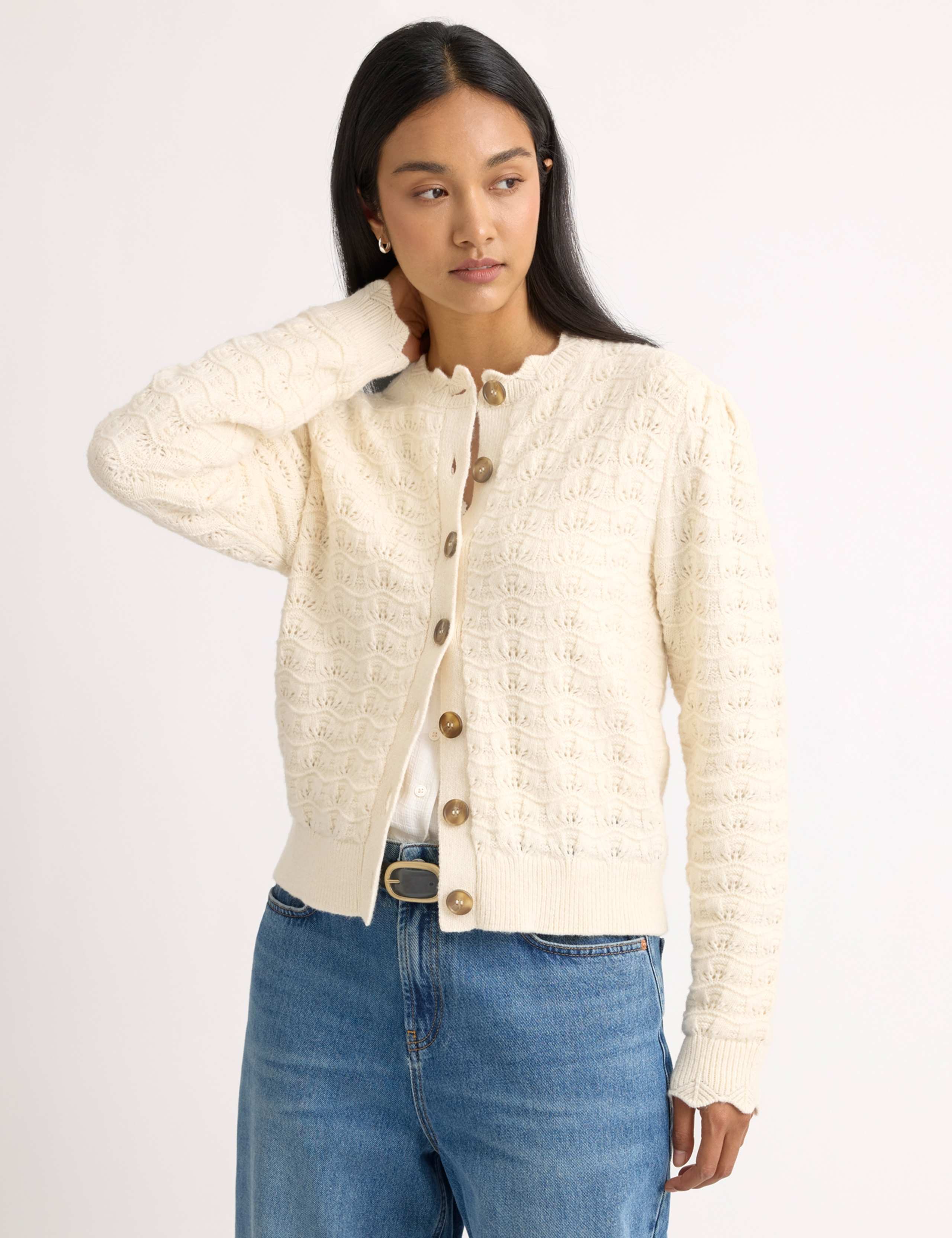 Cotton Rich Pointelle Puff Sleeve Cardigan 1 of 4