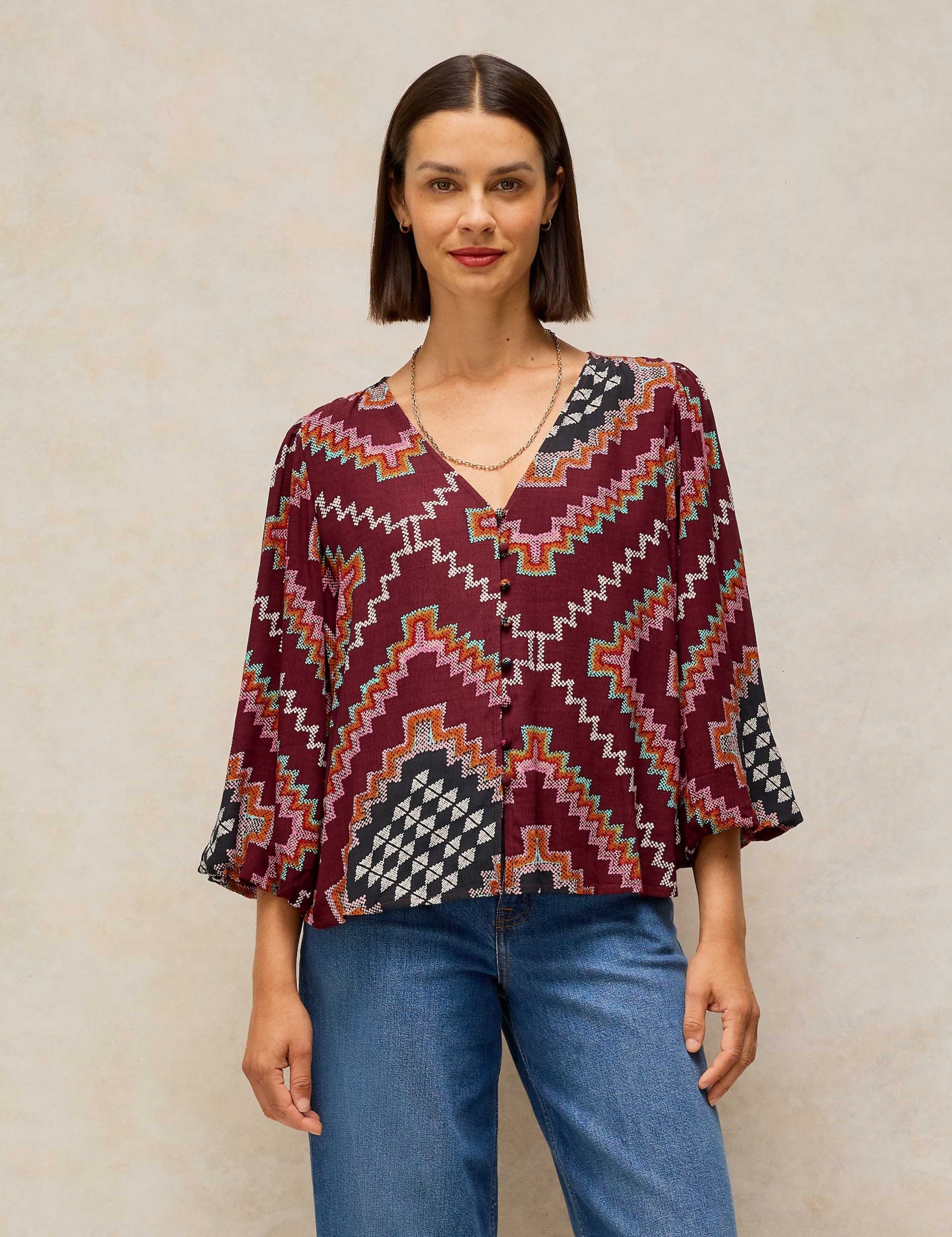 Geometric Jacquard V-Neck Top 1 of 6